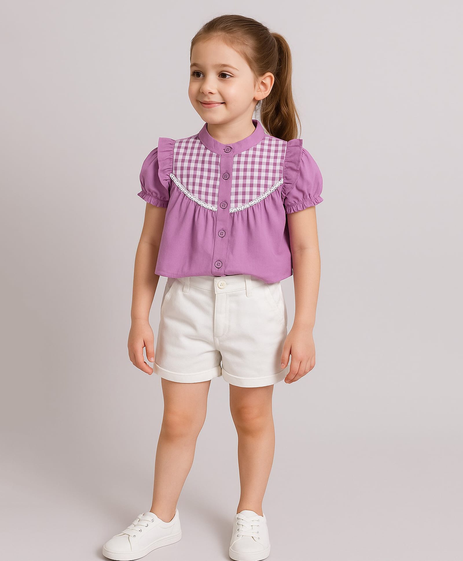 Aww Hunnie Cambric Woven Half Puffed Sleeves Gingham Checked Top With Shorts Set - Mauve-picture-22