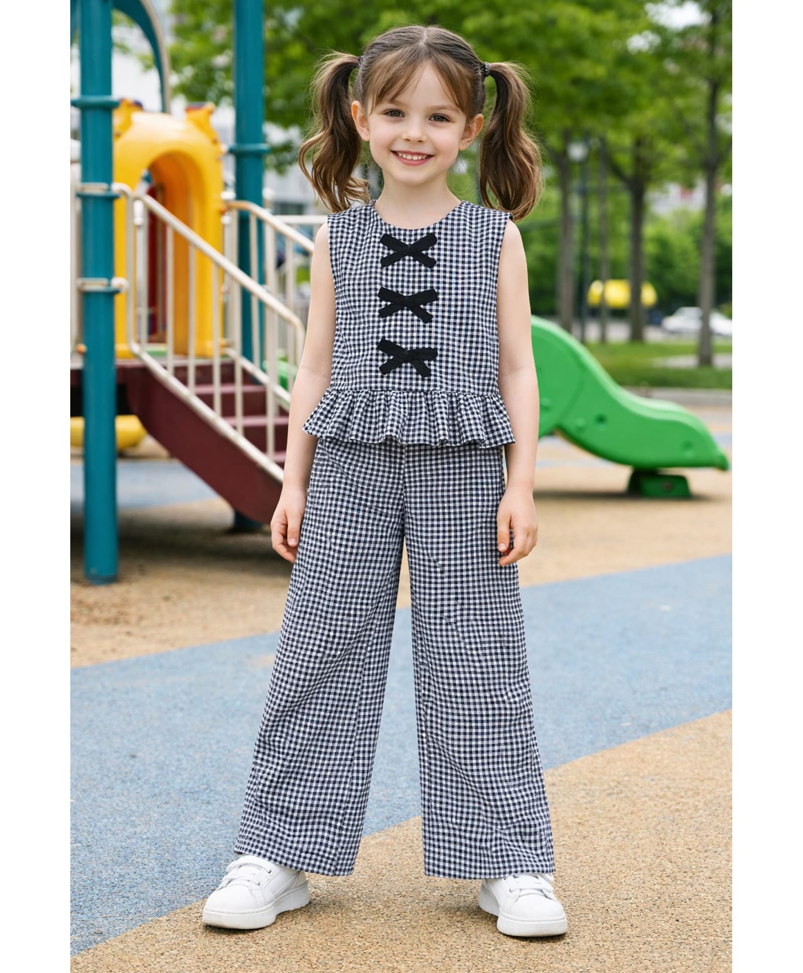 Aww Hunnie Cotton Woven Sleeveless Checked & Bow Applique Detailed Coordinating Top & Palazzo Set - Grey-image-5