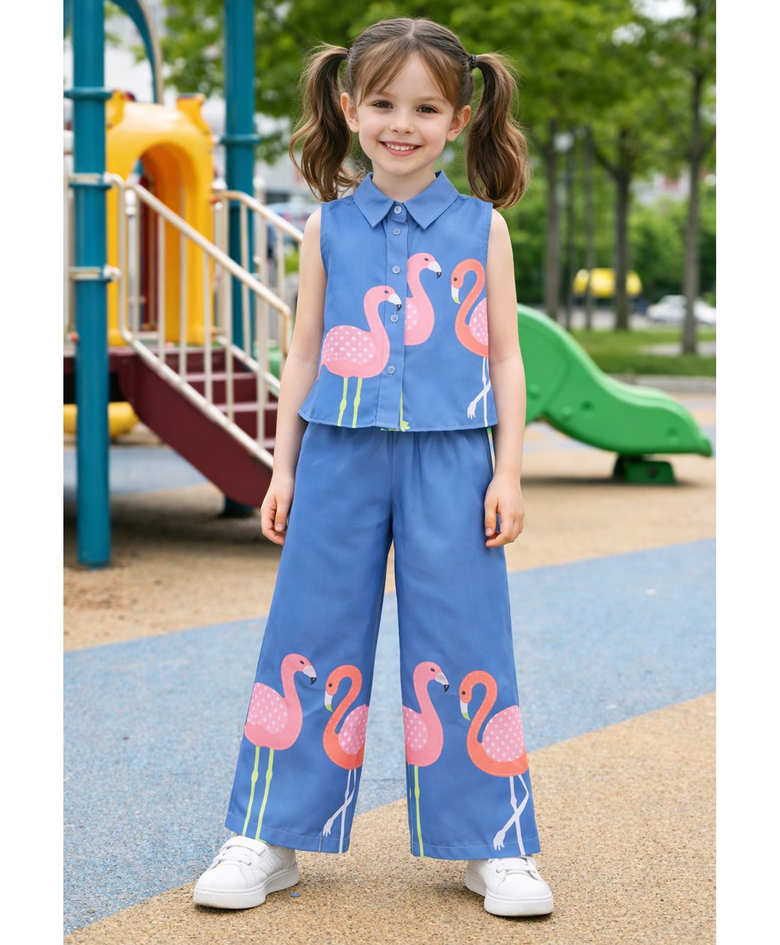 Aww Hunnie Woven Sleeveless Flamingo Printed Shirt & Palazzo Set - Blue