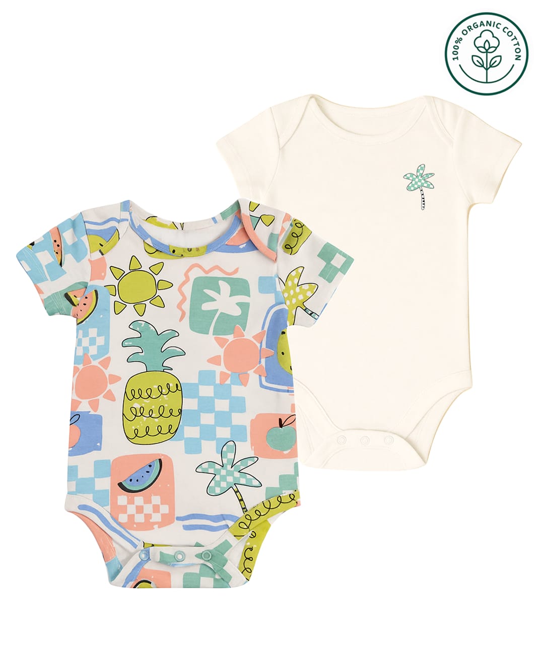 furr balls 100% Organic Cotton Woven Pack Of 2 Half Sleeves Tropical Theme Printed Onesies - Off White-picture-11