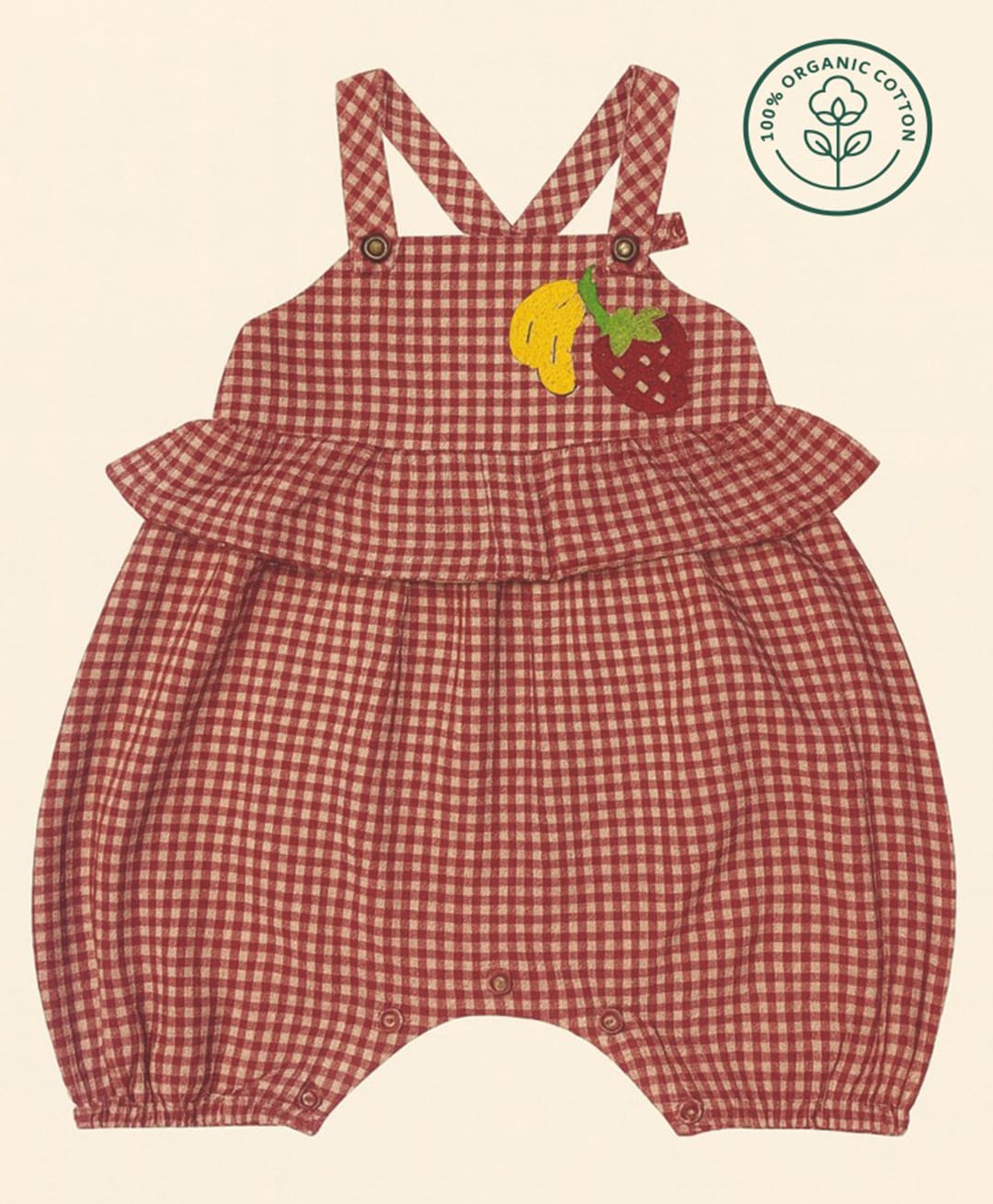 furr balls 100% Organic Cotton Woven Sleeveless Fruits Embroidered Checked Jumpsuit - Red-image-37