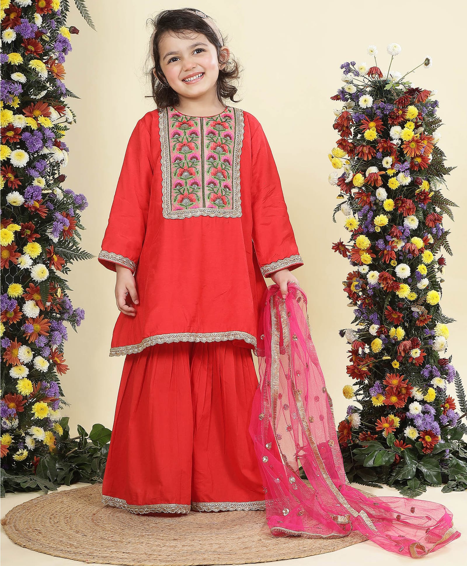Little Bansi Silk Woven Full Sleeves Gota Lace Embellished Floral Embroidered Kurti & Sharara Set With Dupatta - Red-image-38