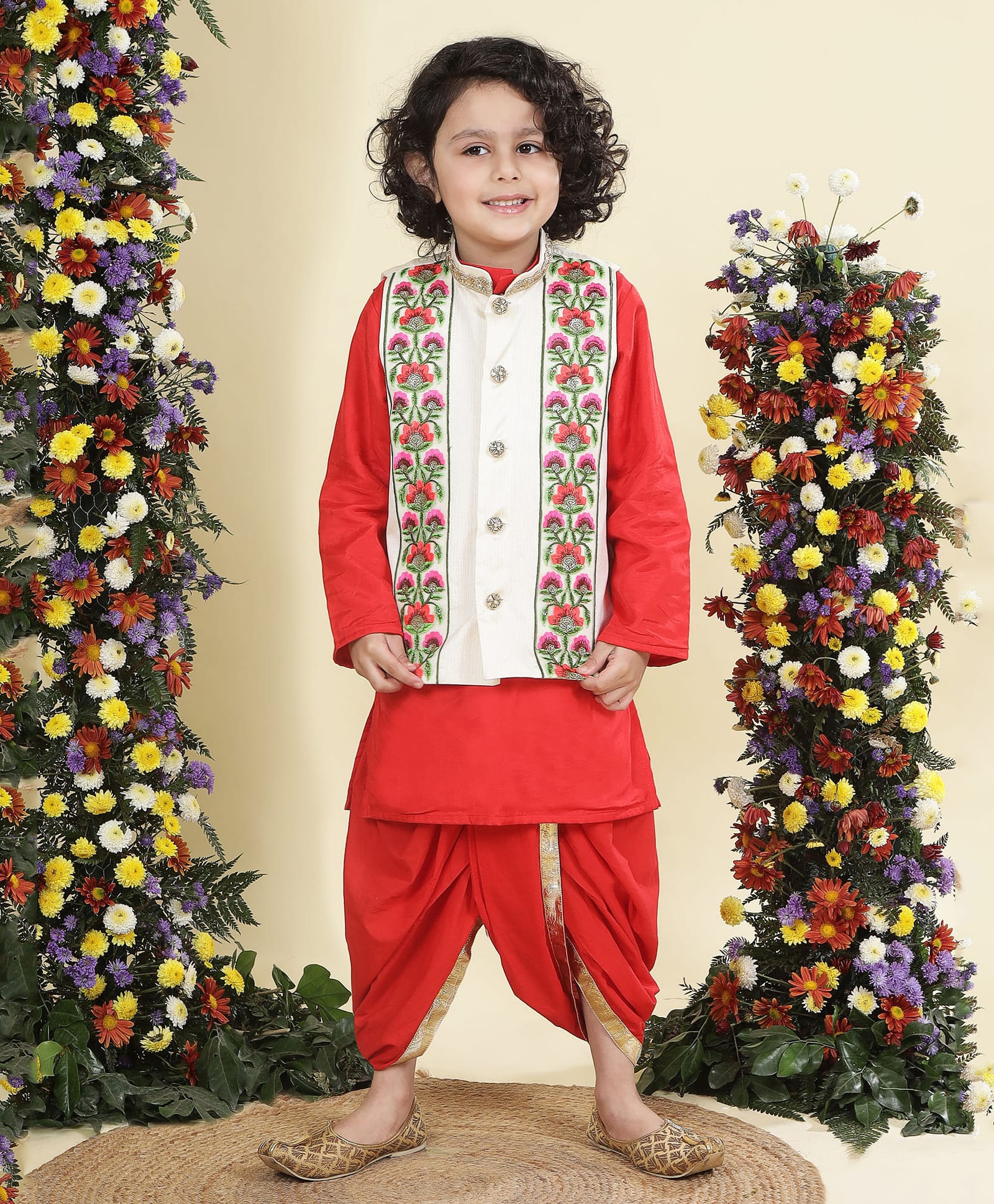 Little Bansi Silk Woven Full Sleeves Lace Embellished Kurta & Dhoti With Floral Embroidered Jacket Set - Red