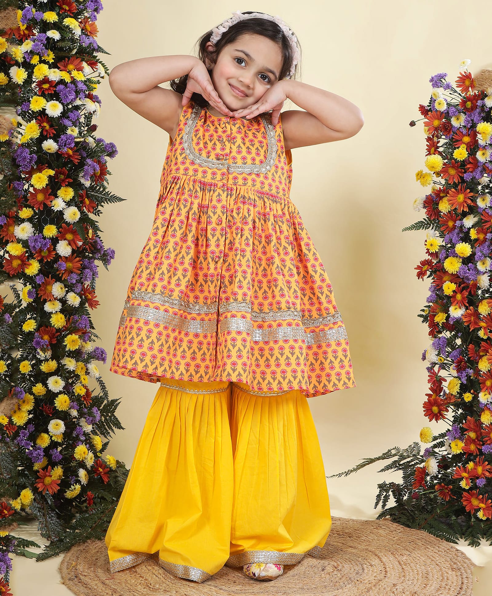 Little Bansi Muslin Woven Sleeveless Floral Printed Kurti & Sharara Set - Yellow-image-20