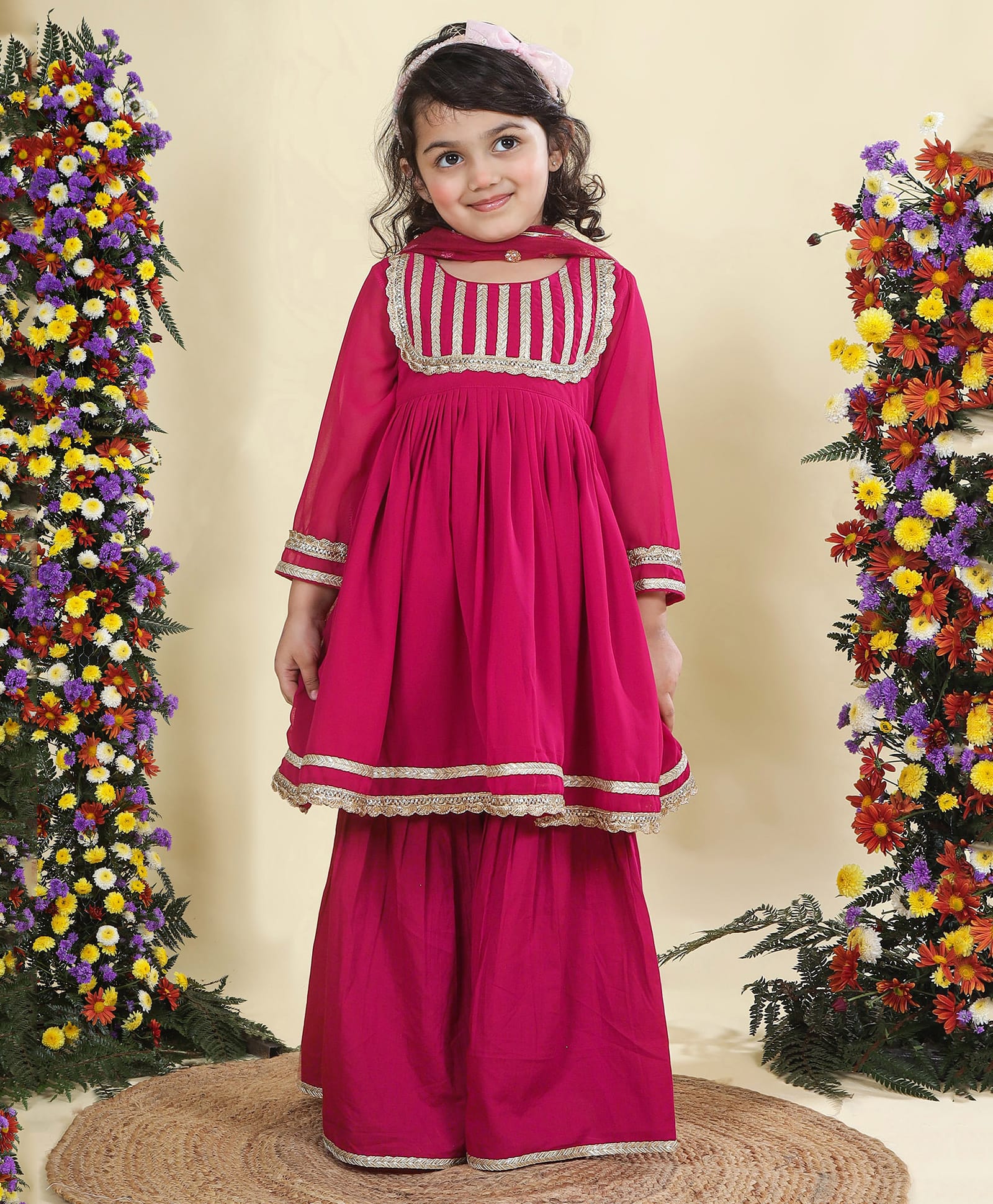 Little Bansi Georgette Woven Full Sleeves Gota Lace Embellished Pleated Kurti & Sharara Set With Dupatta - Magenta-picture-6