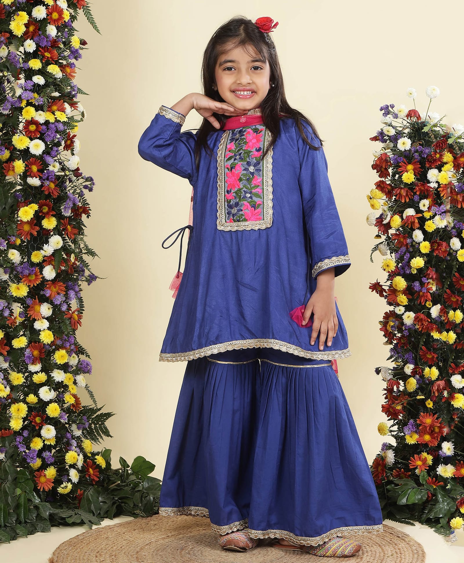 Little Bansi Cotton Blend Woven Three Fourth Sleeves Gota Lace Embellished Floral Embroidered Kurti Sharara Set With Dupatta - Blue-picture-14