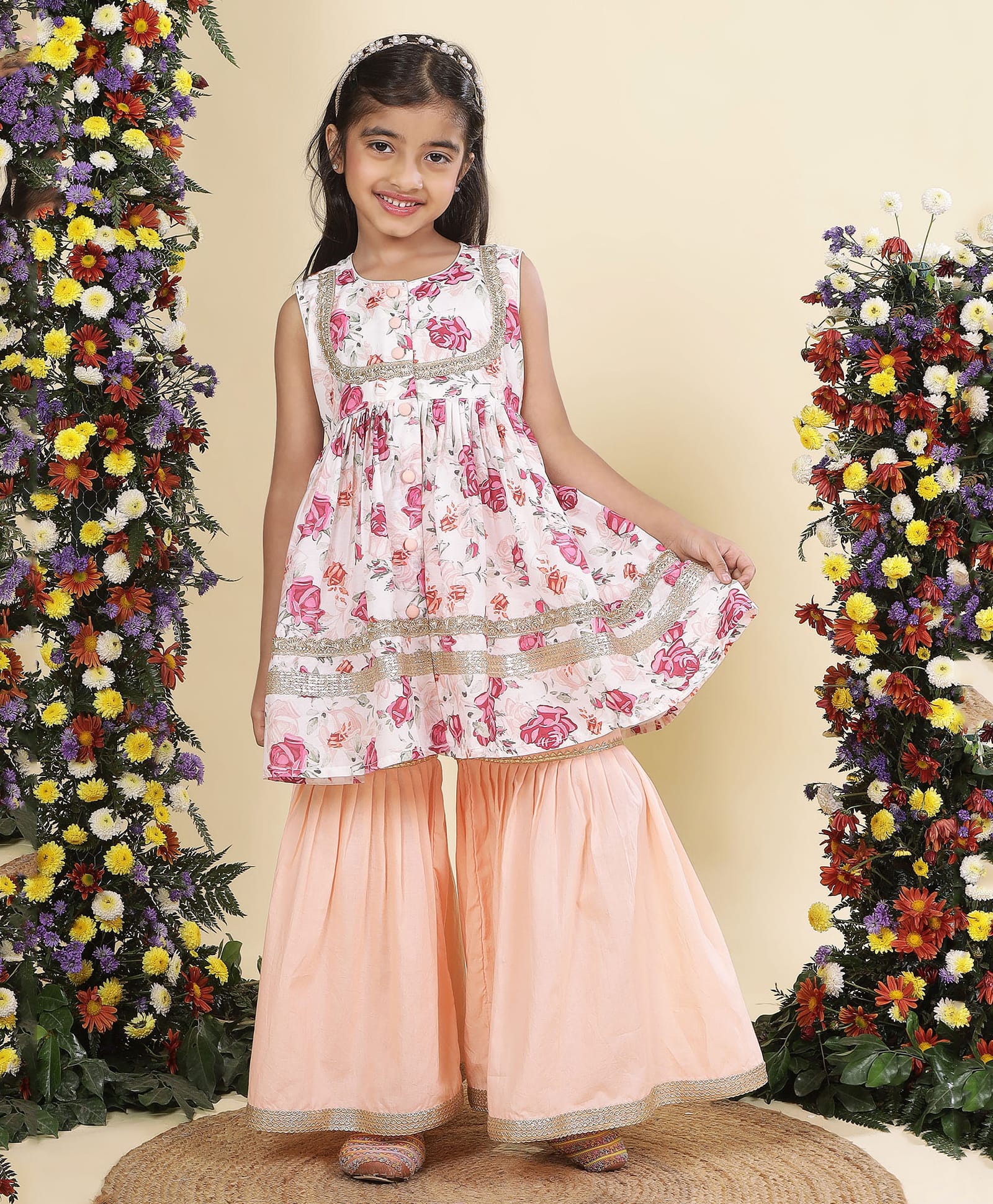 Little Bansi Muslin Woven Sleeveless Gota Lace Embellished Rose Printed Kurti Sharara Set - Peach-picture-7