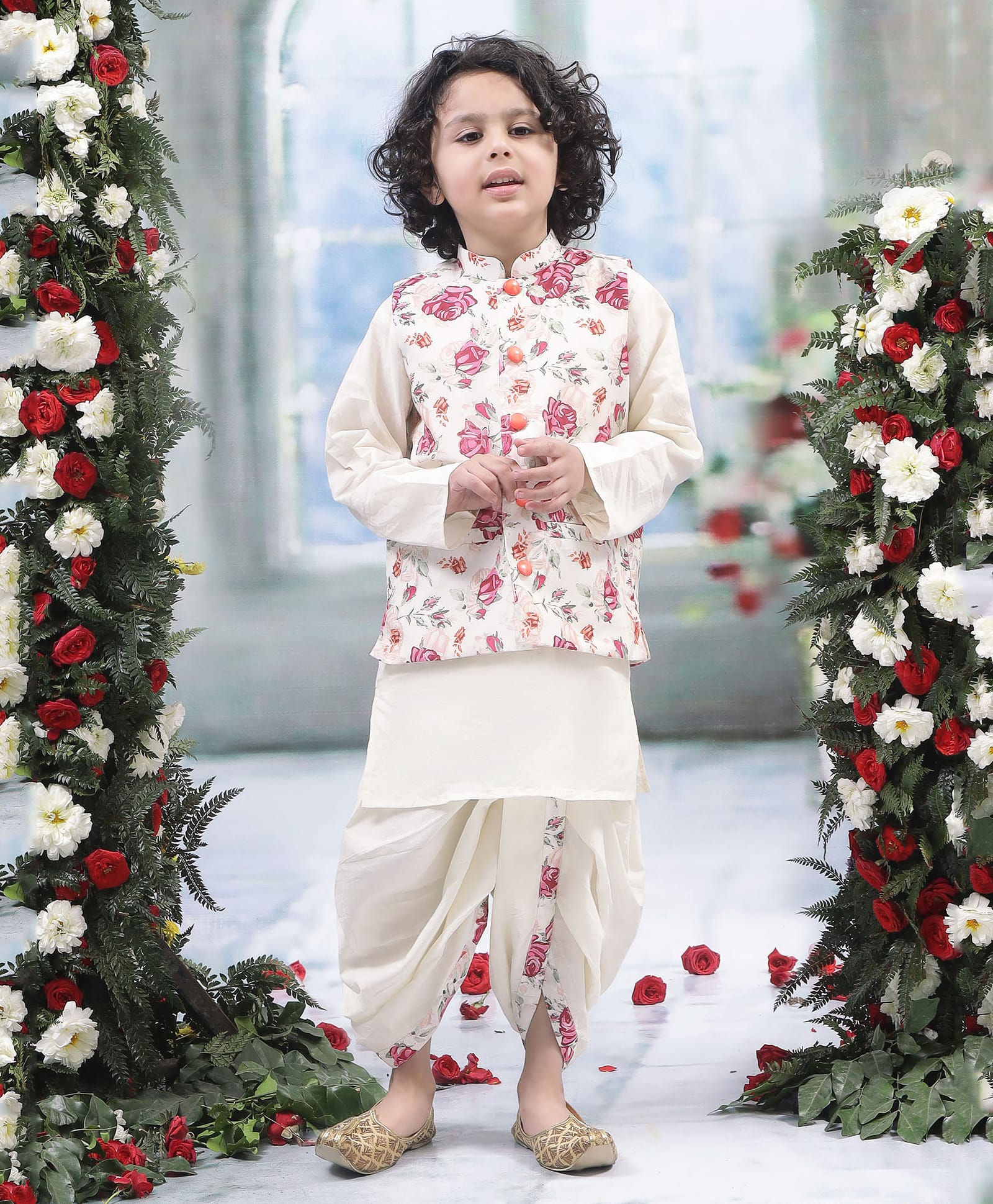 Little Bansi Boys Muslin Woven Full Sleeves Lace Embellished Dhoti Kurta Set With Rose Printed Nehru Jacket - Cream