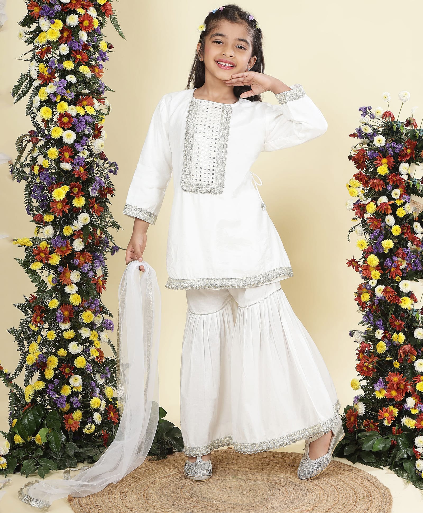 Little Bansi Cotton Blend Woven Three Fourth Sleeves Gota Lace Embellished Mirror Work Detailed Kurti Sharara Set With Dupatta - Cream