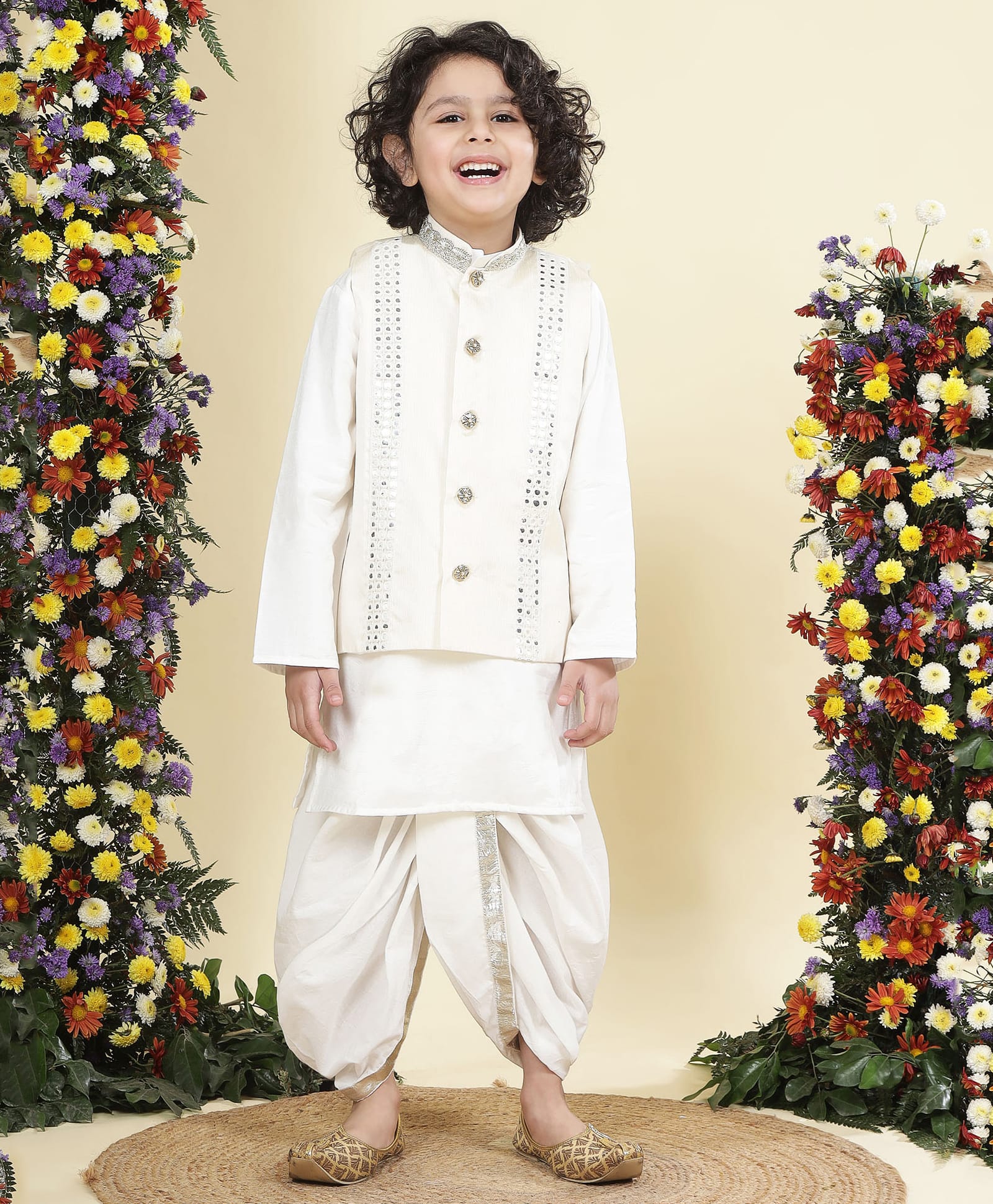 Little Bansi Boys Mulberry Silk Woven Full Sleeves Dhoti Kurta Set With Mirror Work Detailed Nehru Jacket - Cream-image-32