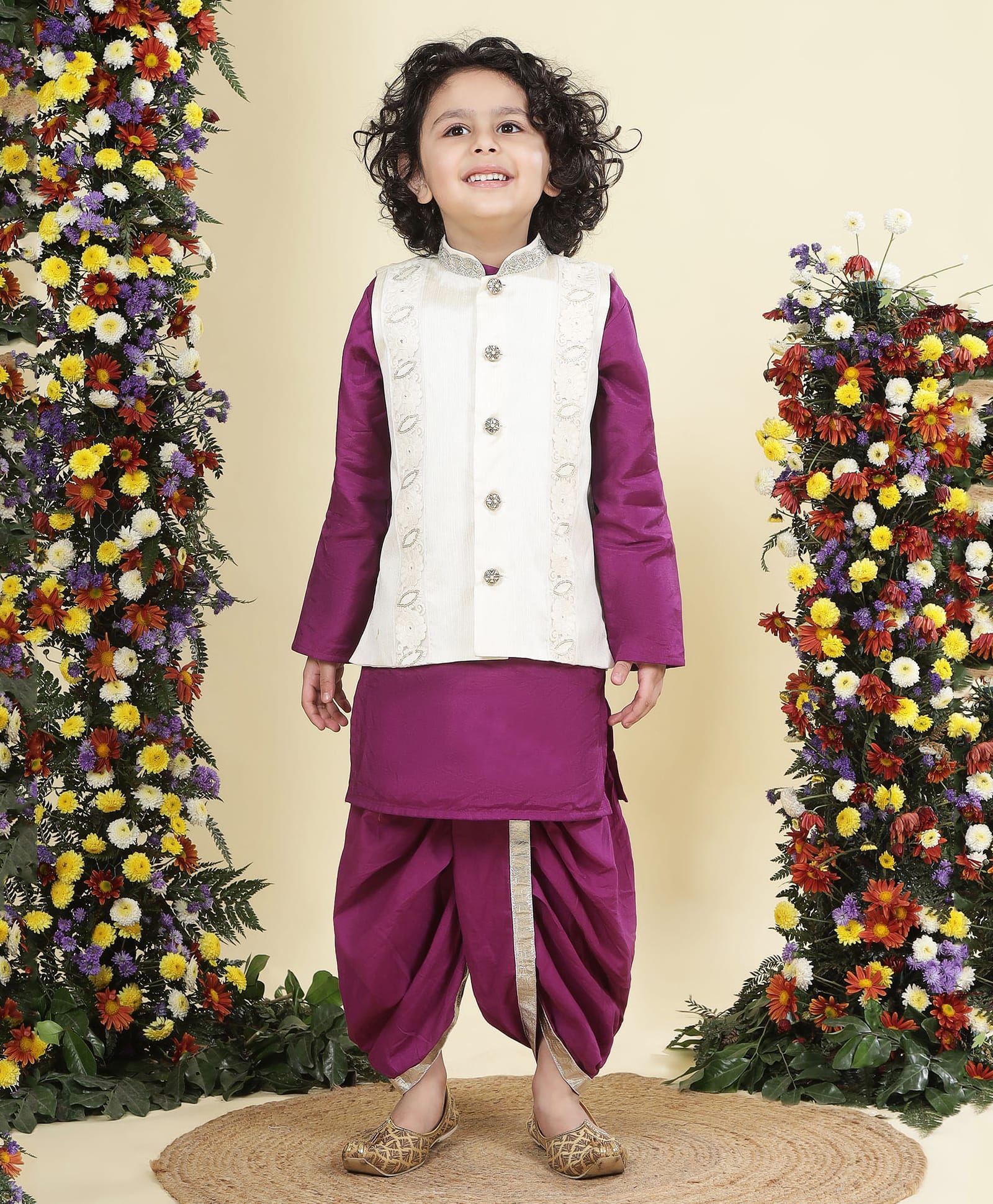 Little Bansi Boys Mulberry Silk Woven Full Sleeves Lce Embellished Dhoti Kurta Set With Floral Embroidered Nehru Jacket - Purple-image-4