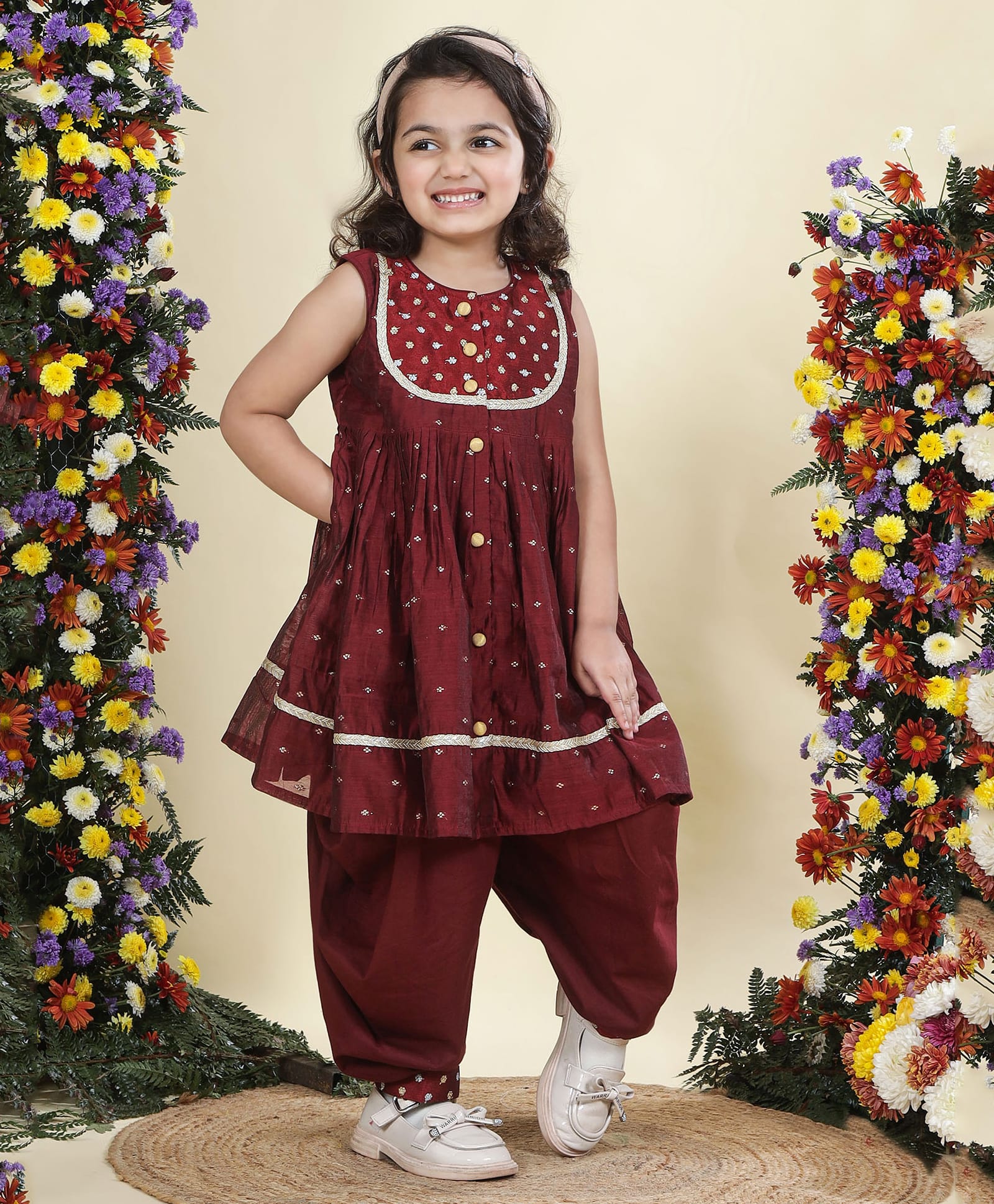 Little Bansi Cotton Silk Woven Sleeveless Floral Embroidered Lace Embellished Kurti & Salwar Set - Maroon-image-3