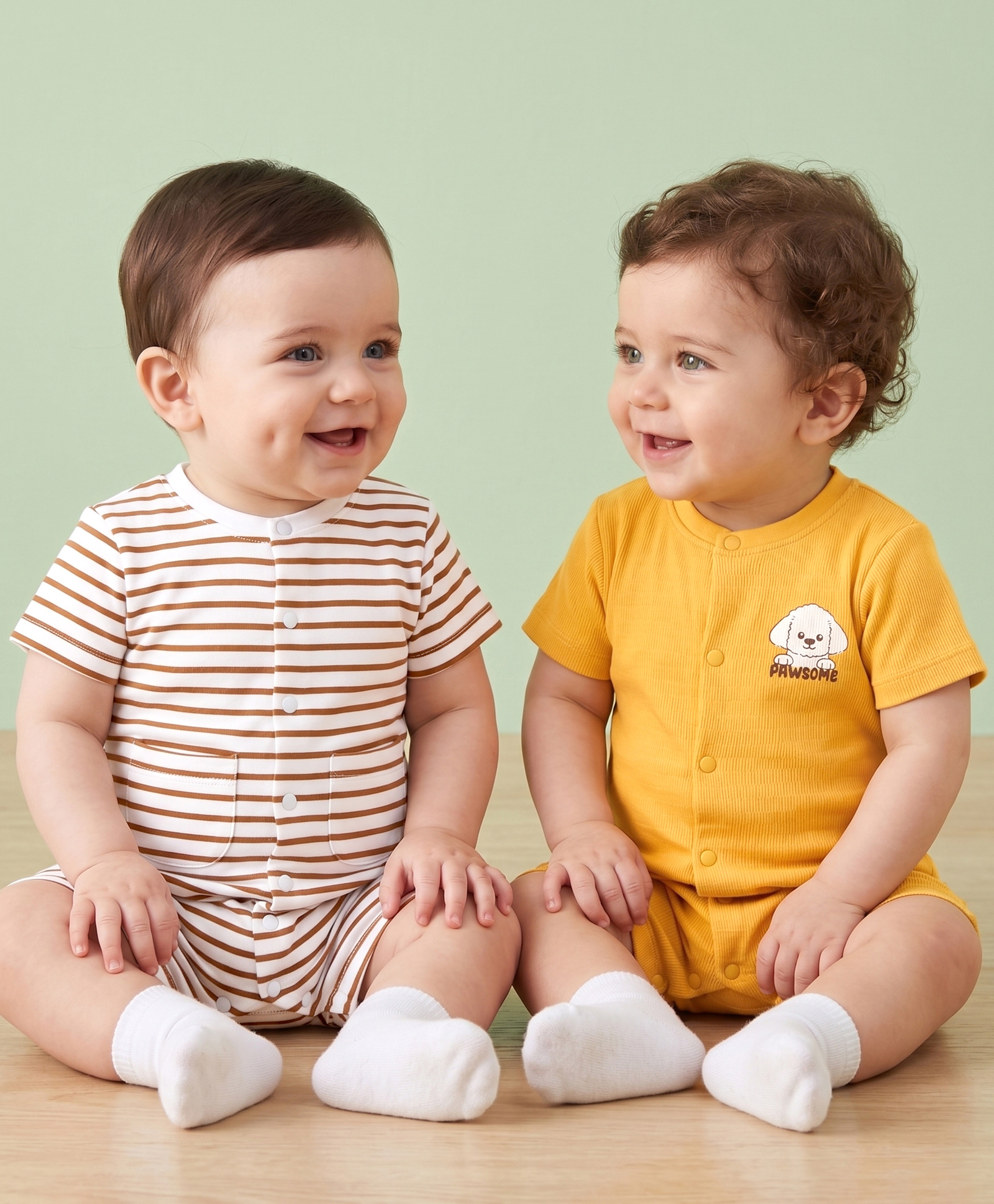 Babyoye 100% Cotton Knit Half Sleeves Striped & Puppy Printed Rompers Pack Of 2 - Yellow & Cream-picture-13