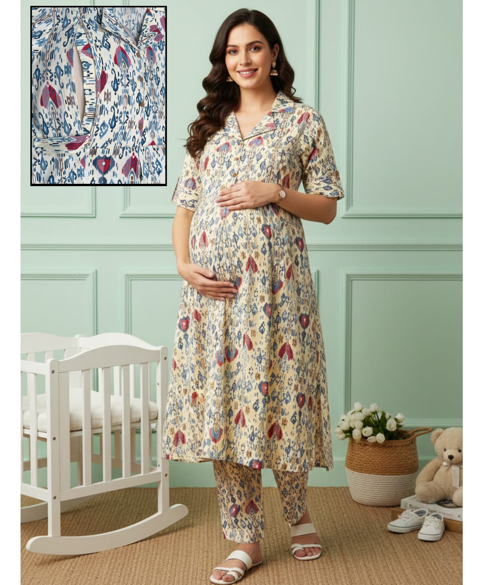 Dummy Shape Cotton Blend Woven Half Sleeves Abstract Printed Maternity Kurti With Side Zipper Nursing Access & Pant Set - Yellow