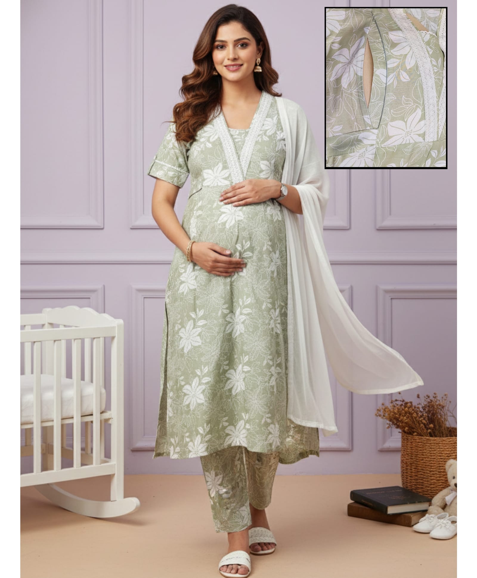 Dummy Shape Cotton Blend Woven Half Sleeves Floral Printed Maternity Kurti With Side Zipper Nursing Access & Pant With Dupatta Set - Olive-image-41