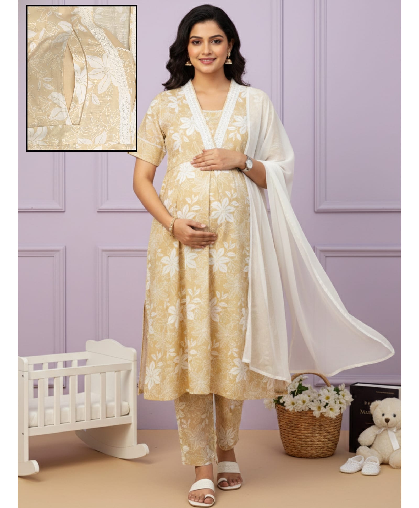 Dummy Shape Cotton Blend Woven Half Sleeves Floral Printed Maternity Kurti With Side Zipper Nursing Access & Pant With Dupatta Set - Beige-image-5