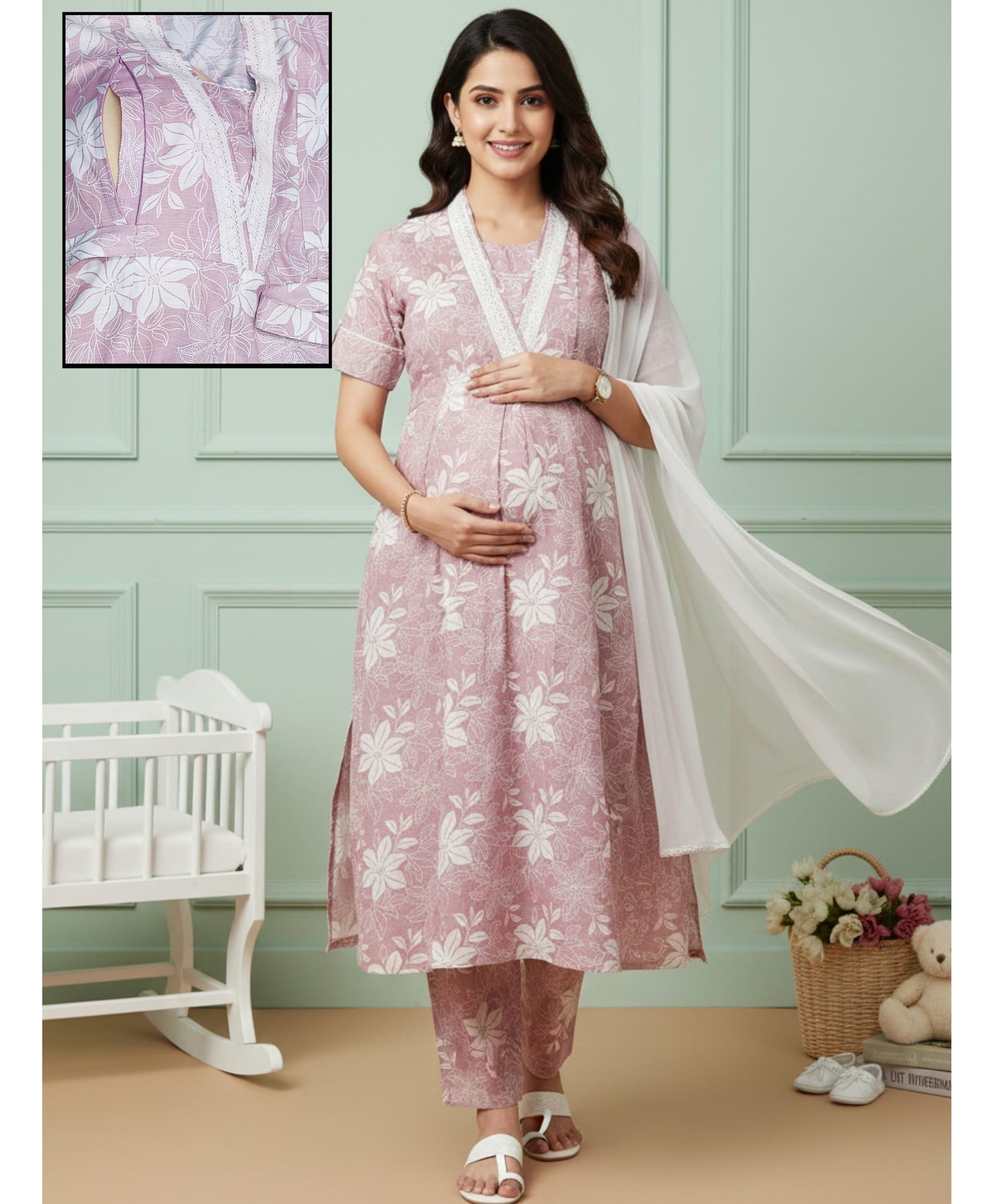 Dummy Shape Cotton Blend Woven Half Sleeves Floral Printed Maternity Kurti With Side Zipper Nursing Access & Pant With Dupatta Set - Mauve-image-23