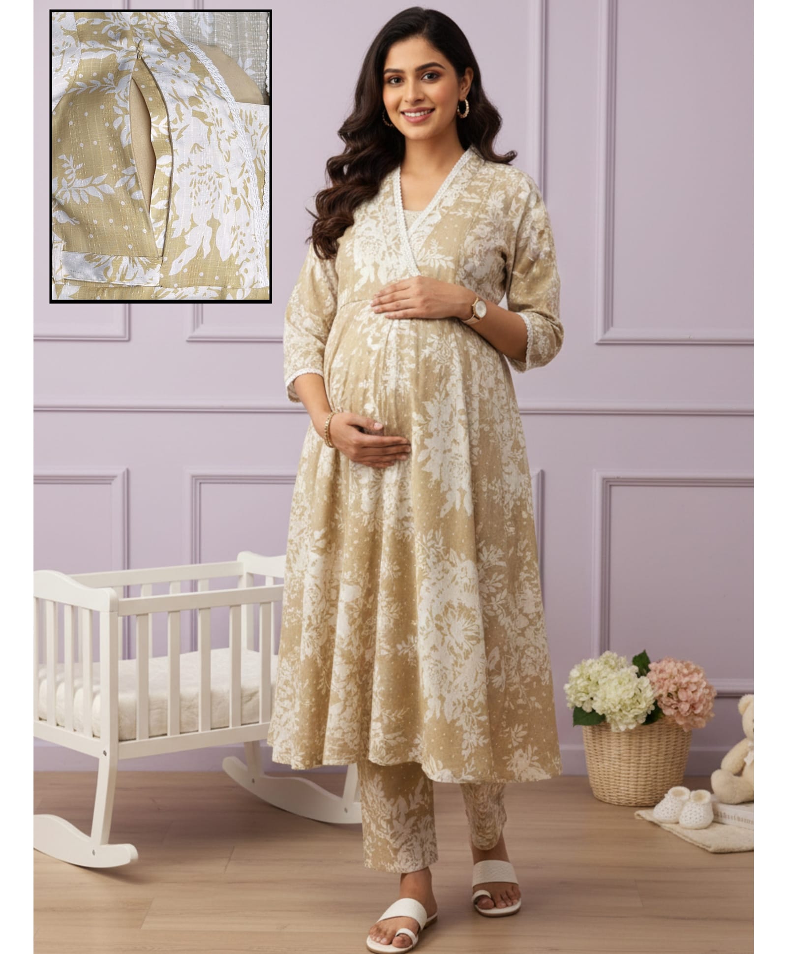 Dummy Shape Cotton Blend Woven Three Fourth Sleeves Floral Printed Maternity Kurti With Side Zipper Nursing Access & Pant Set - Yellow