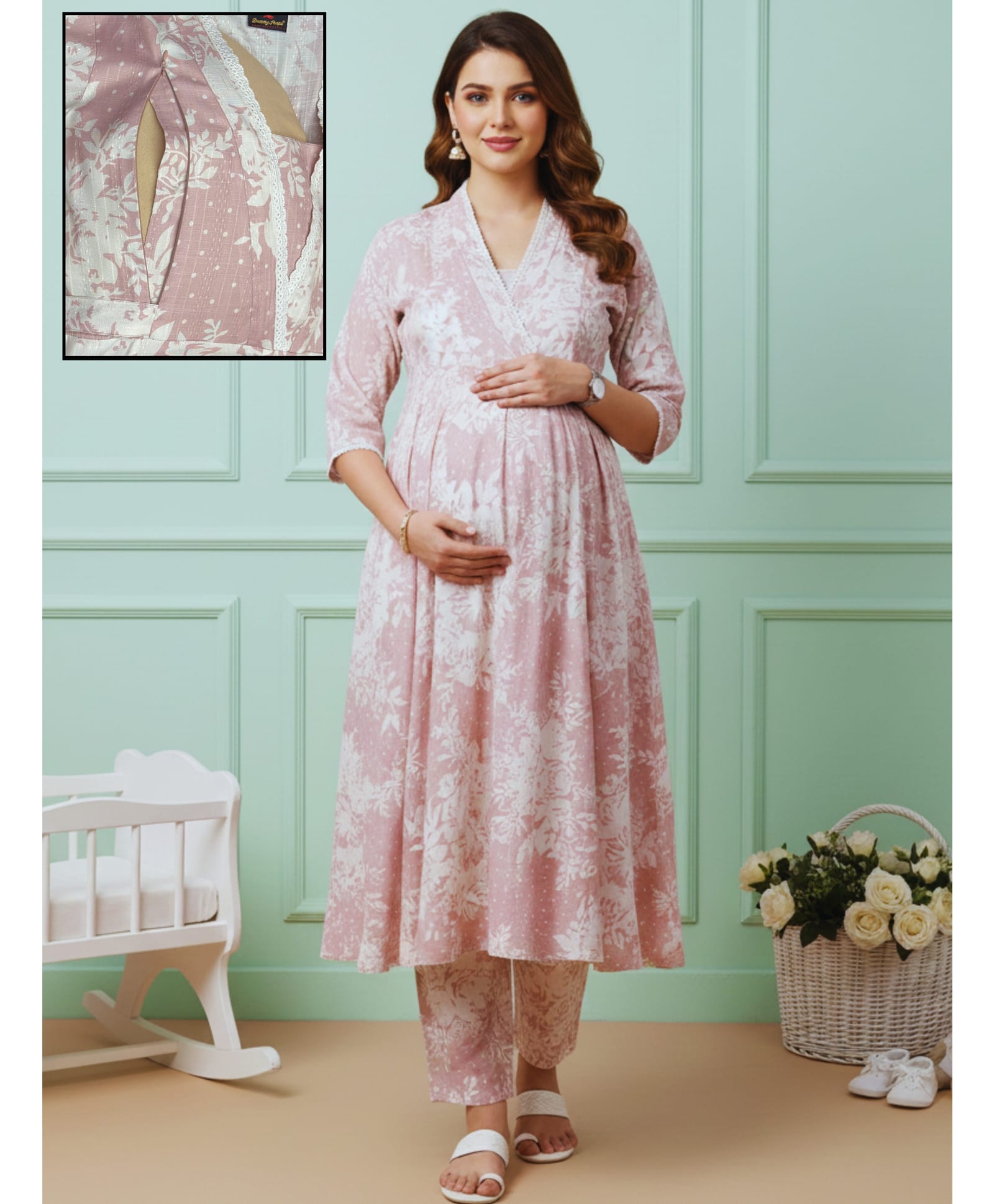 Dummy Shape Cotton Blend Woven Three Fourth Sleeves Floral Printed Maternity Kurti With Side Zipper Nursing Access & Pant Set - Pink-image-46