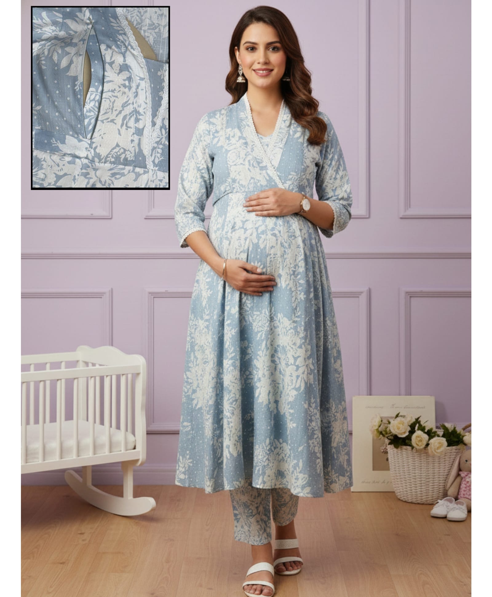 Dummy Shape Cotton Blend Woven Three Fourth Sleeves Floral Printed Maternity Kurti With Side Zipper Nursing Access & Pant Set - Blue