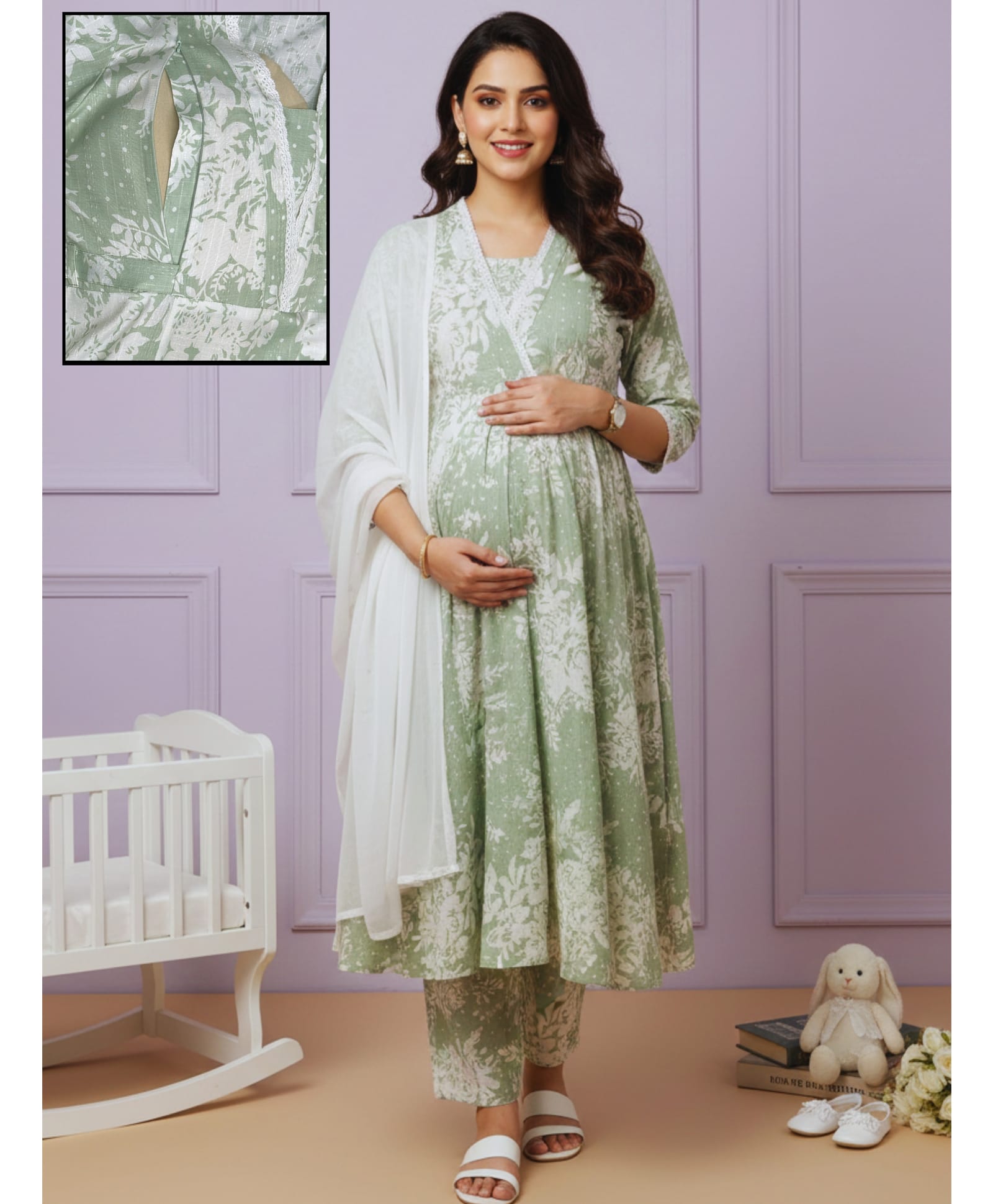Dummy Shape Cotton Blend Woven Three Fourth Sleeves Floral Printed Maternity Kurti With Side Zipper Nursing Access With Pant & Dupatta Set - Green