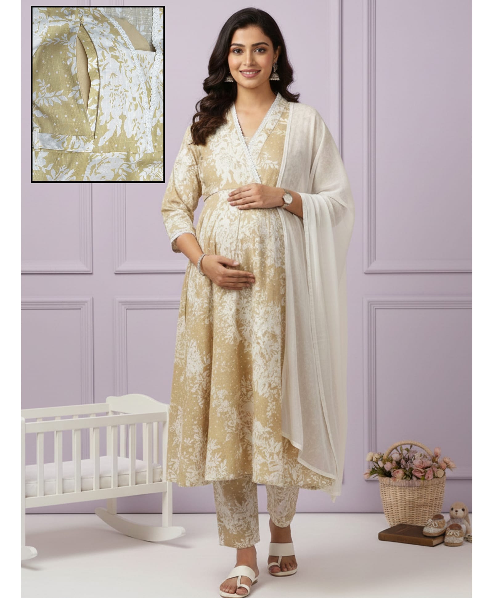 Dummy Shape Cotton Blend Woven Three Fourth Sleeves Floral Printed Maternity Kurti With Side Zipper Nursing Access With Pant & Dupatta Set - Yellow