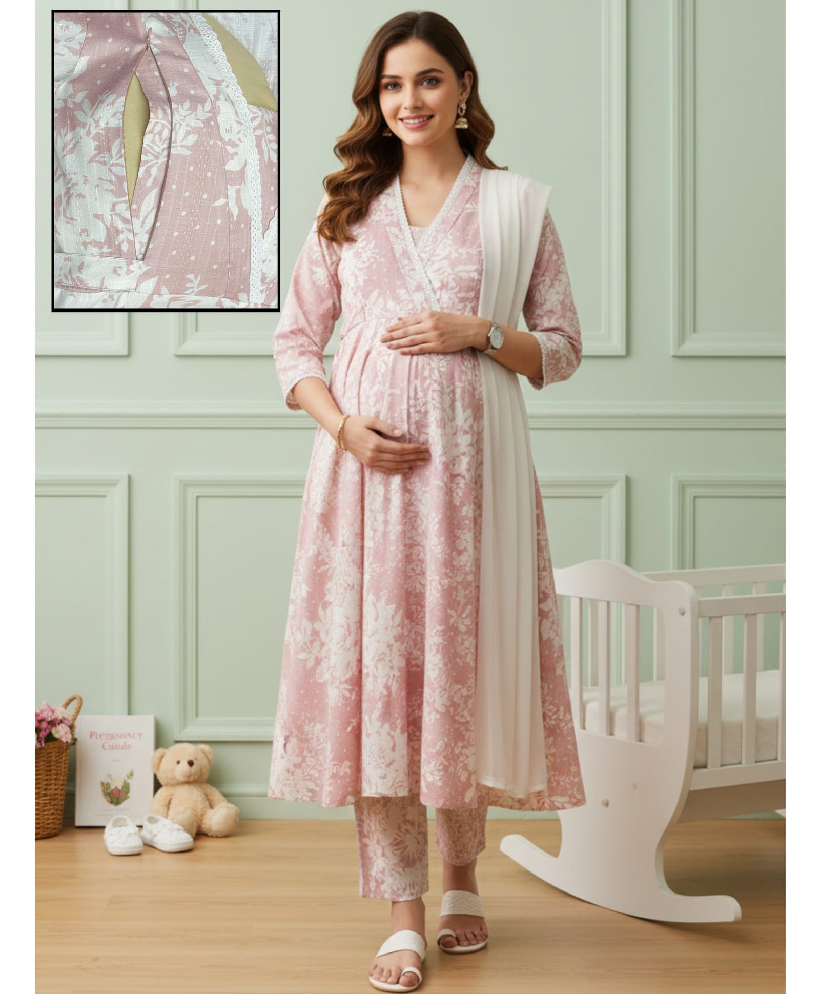 Dummy Shape Cotton Blend Woven Three Fourth Sleeves Floral Printed Maternity Kurti With Side Zipper Nursing Access With Pant & Dupatta Set - Pink