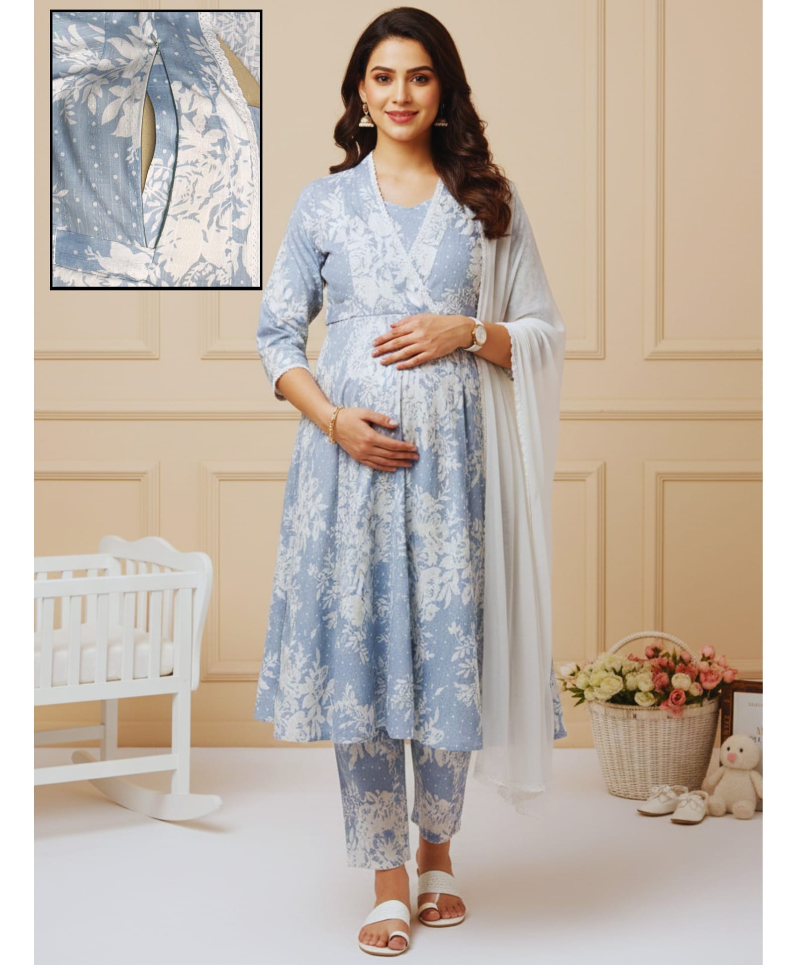 Dummy Shape Cotton Blend Woven Three Fourth Sleeves Floral Printed Maternity Kurti With Side Zipper Nursing Access With Pant & Dupatta Set - Blue