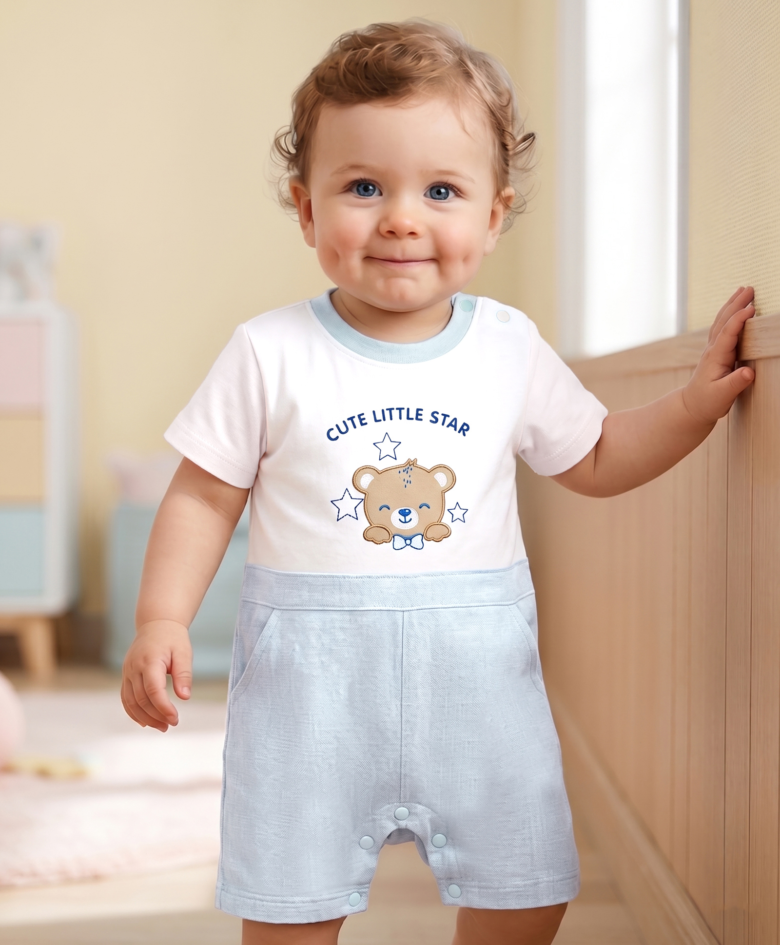 Babyoye 100% Cotton Knit Half Sleeves Bear Embroidered Romper - Cream & Light Blue-image-6