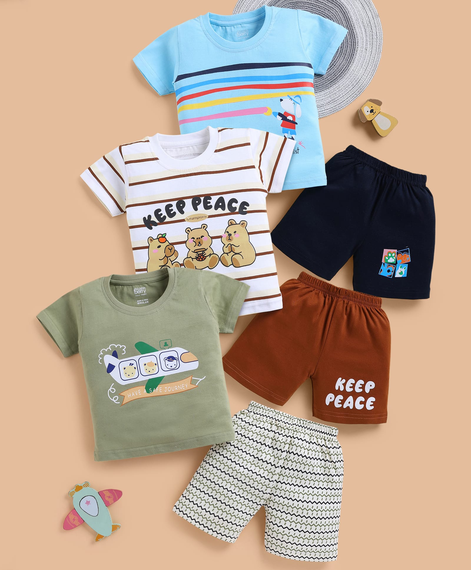 blushh berry Cotton Knit Pack Of 3 Half Sleeves Aeroplane & Animal Printed Tee & Shorts Set - Blue White Green