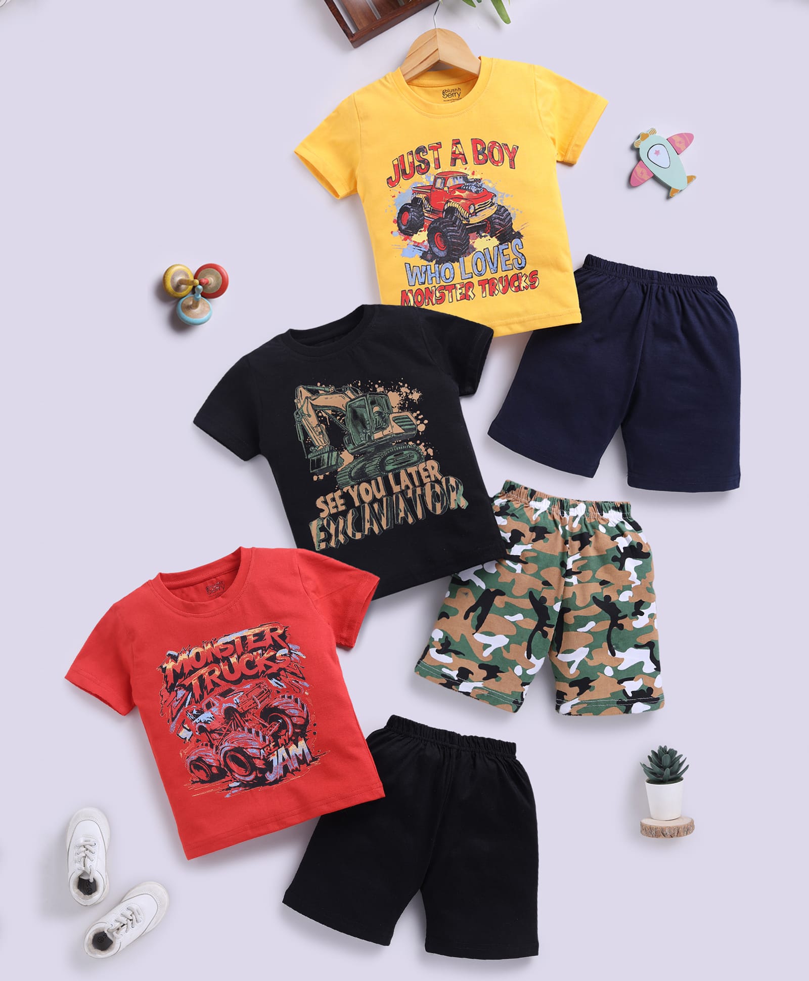 blushh berry Cotton Knit Pack Of 3 Half Sleeves Vehicles & Camouflage Printed Tee & Shorts Set - Yellow Black & Red-image-39