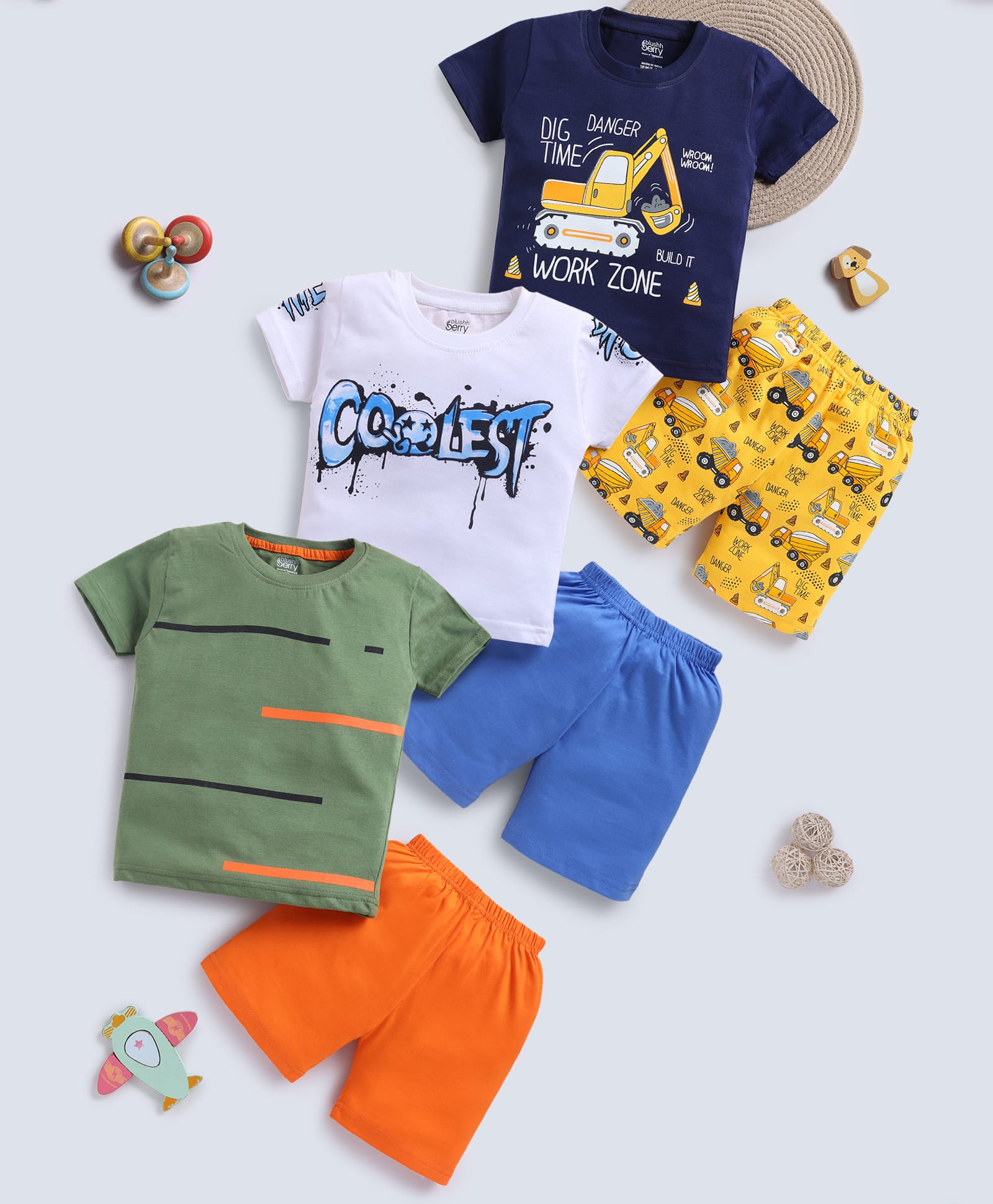 blushh berry Cotton Knit Pack Of 3 Half Sleeves Vehicles & Coolest Text Printed Tee & Shorts Set - Navy Blue White Green-picture-19