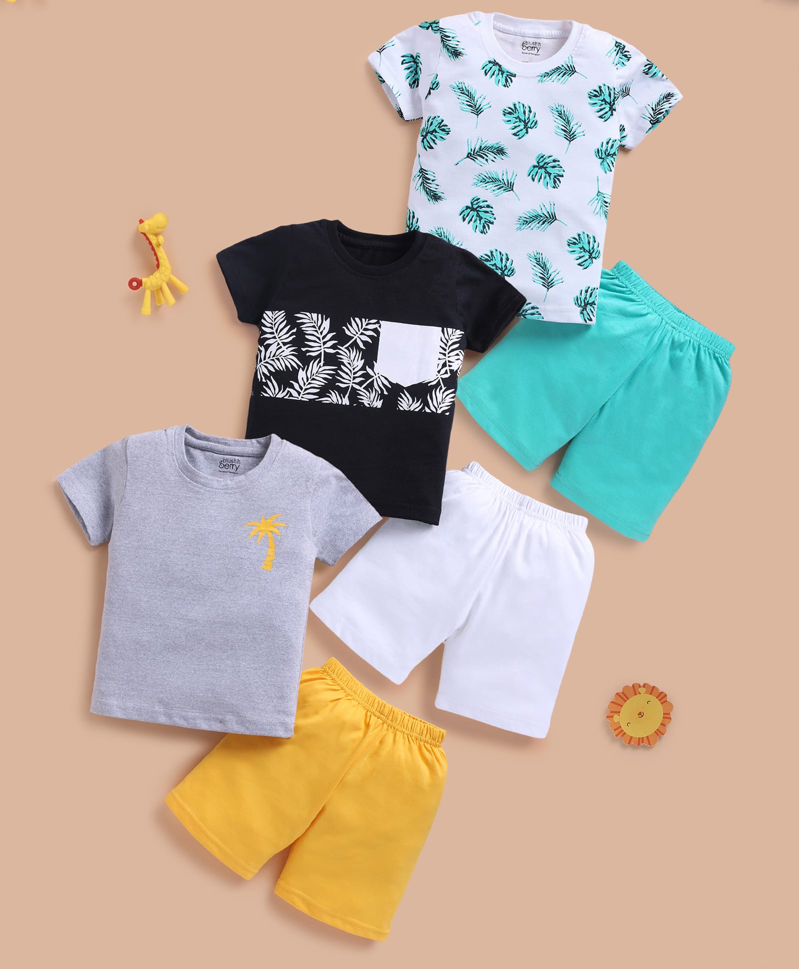 blushh berry Cotton Knit Pack Of 3 Half Sleeves Leaves Printed Tee & Shorts Set - White Black Grey