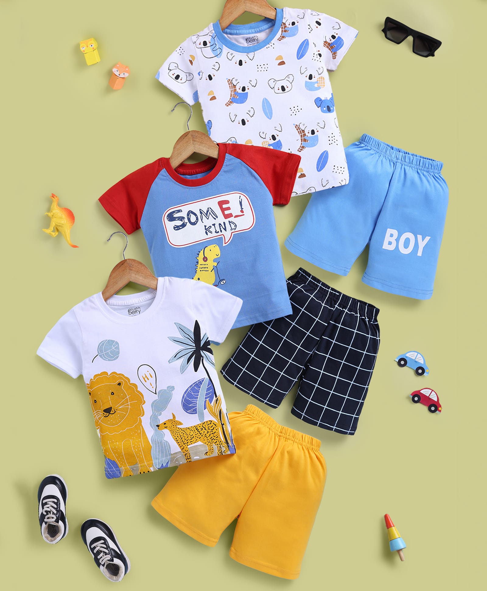 blushh berry Cotton Knit Pack Of 3 Half Sleeves Animal Printed Tee & Shorts Set - Blue White Yellow-picture-14