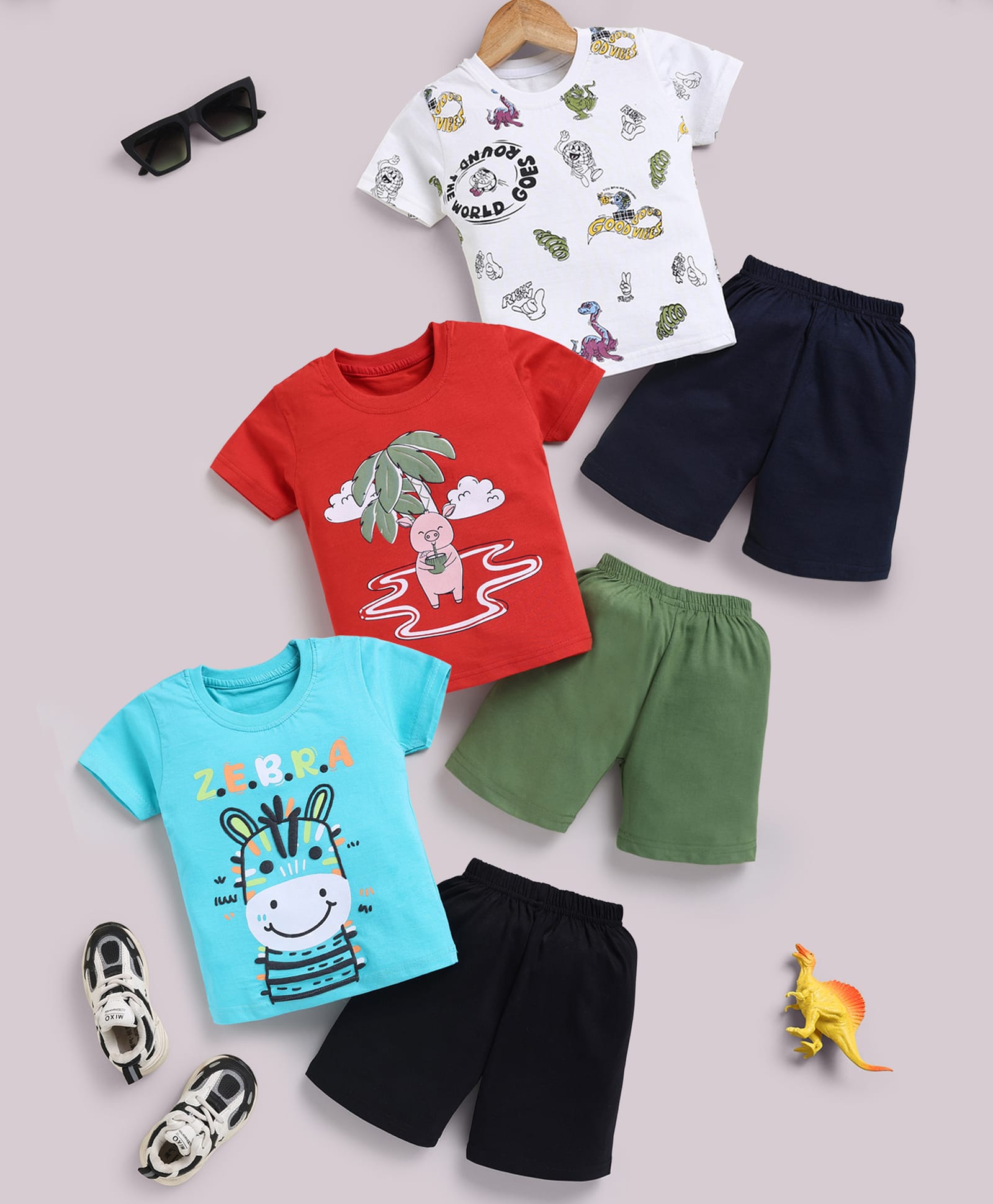 blushh berry Cotton Knit Pack Of 3 Half Sleeves Animal Printed Tee & Shorts Set - Blue White Red