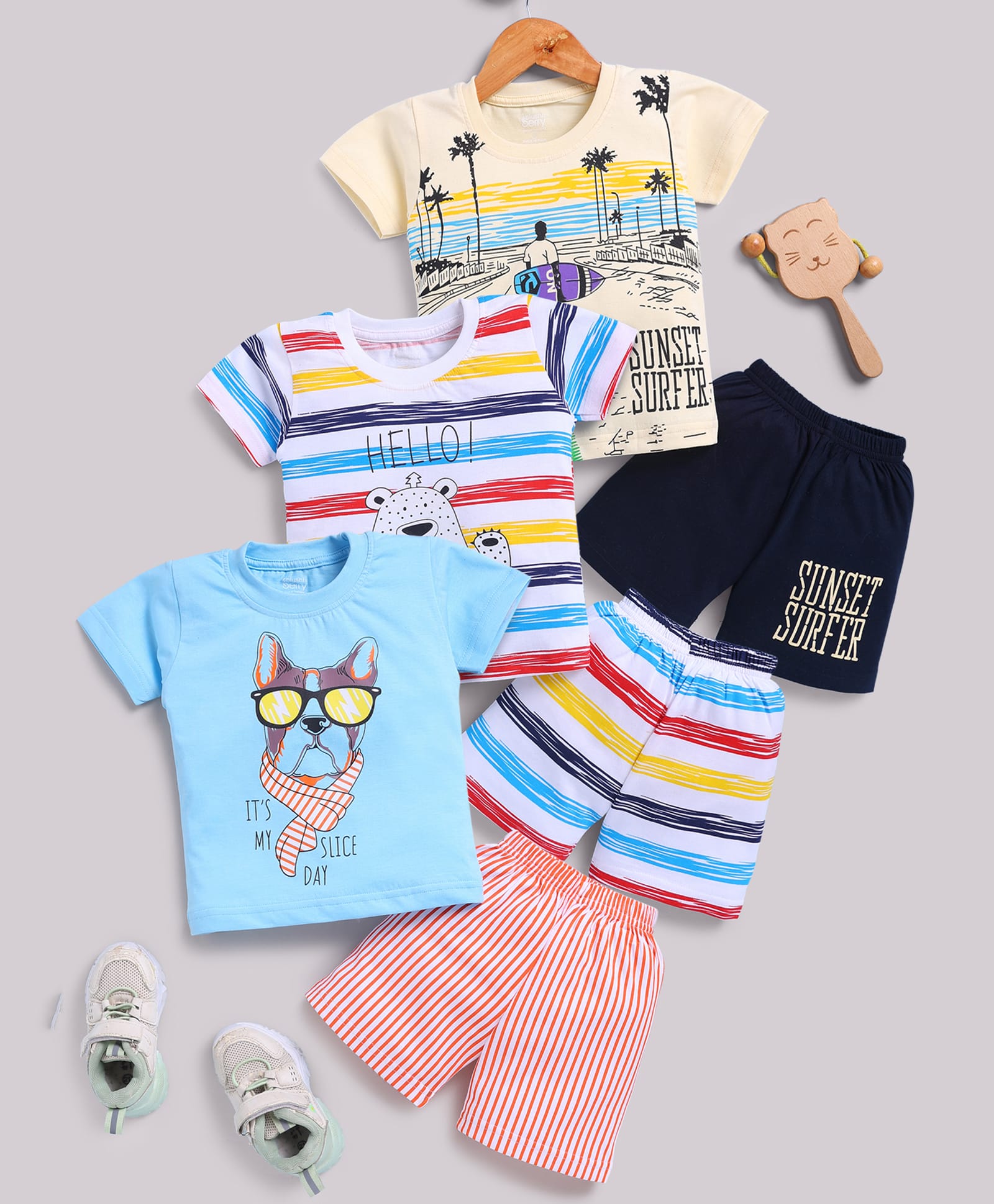 TOONYPORT Cotton Knit Pack Of 3 Half Sleeves Beach Theme Animal Printed & Striped Tee & Shorts Set - Blue Multi Colour Yellow