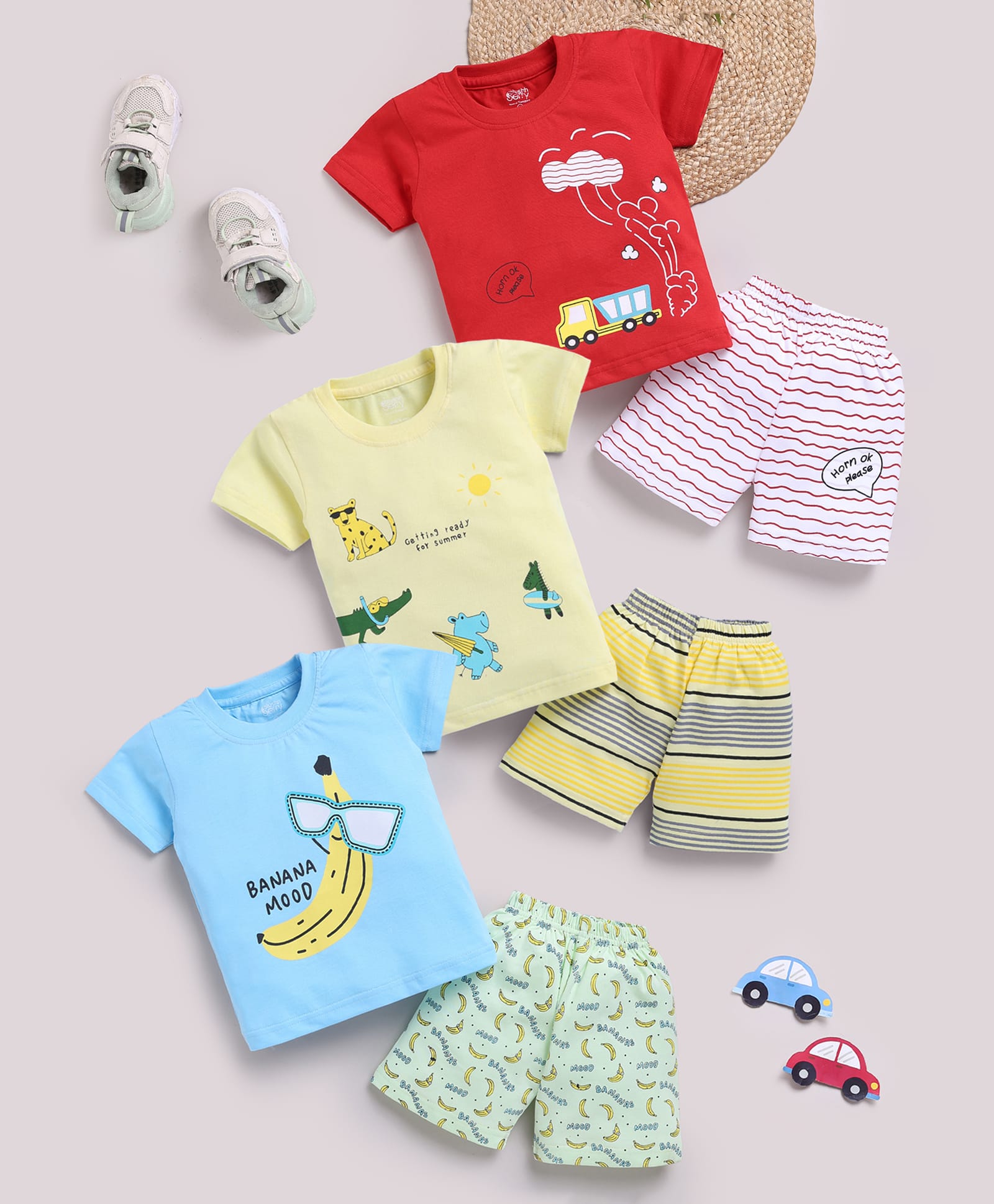 TOONYPORT Cotton Knit Pack Of 3 Half Sleeves Vehicle Animal & Banana Printed Tee & Shorts Set - Blue Yellow Red-image-16