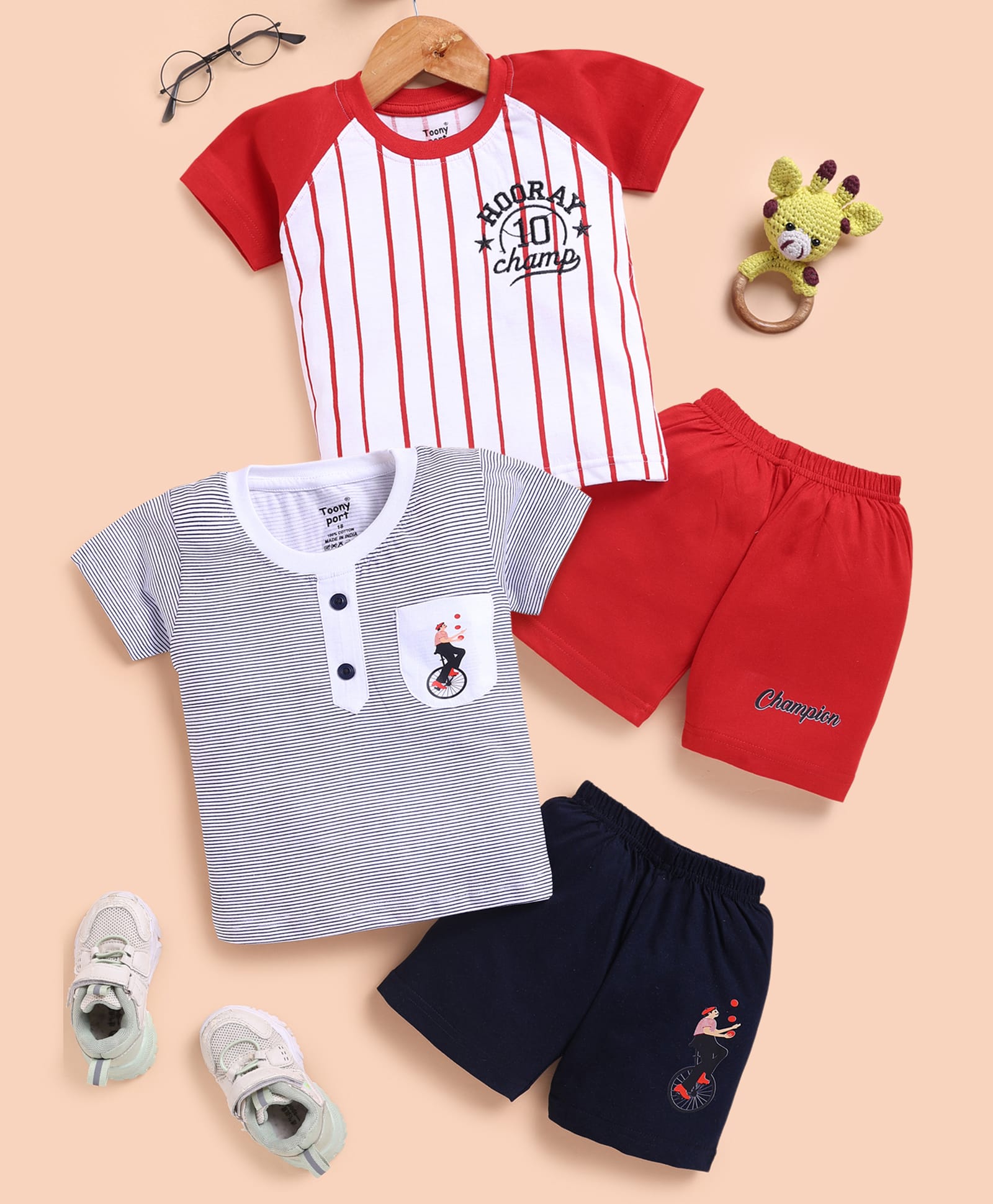 blushh berry Cotton Knit Pack Of 2 Half Sleeves Striped Tee & Shorts Set - Red & Grey-image-19