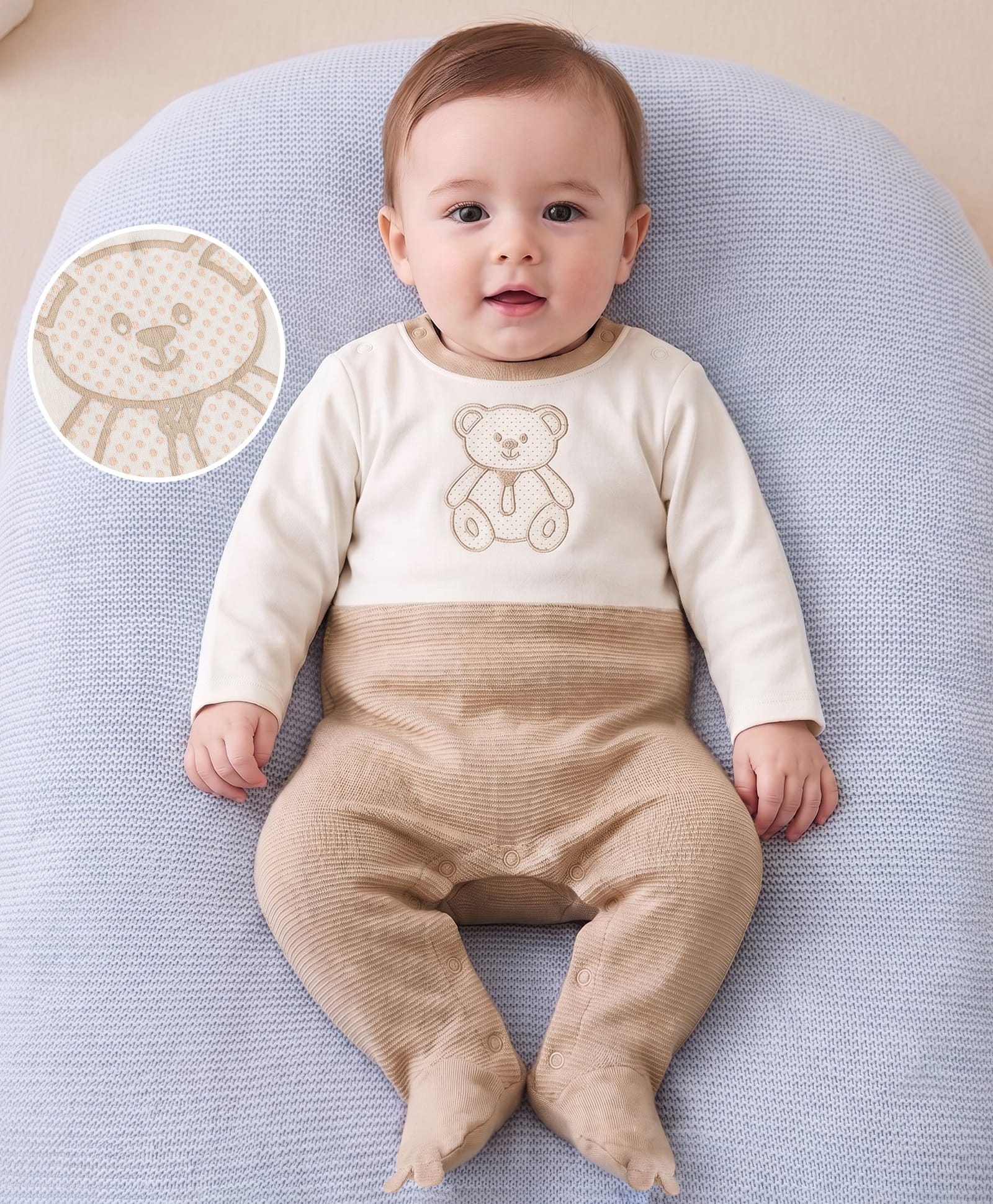 Babyoye Interlock Knit Full Sleeves Bear Printed Footed Sleepsuit - Tan-picture-35