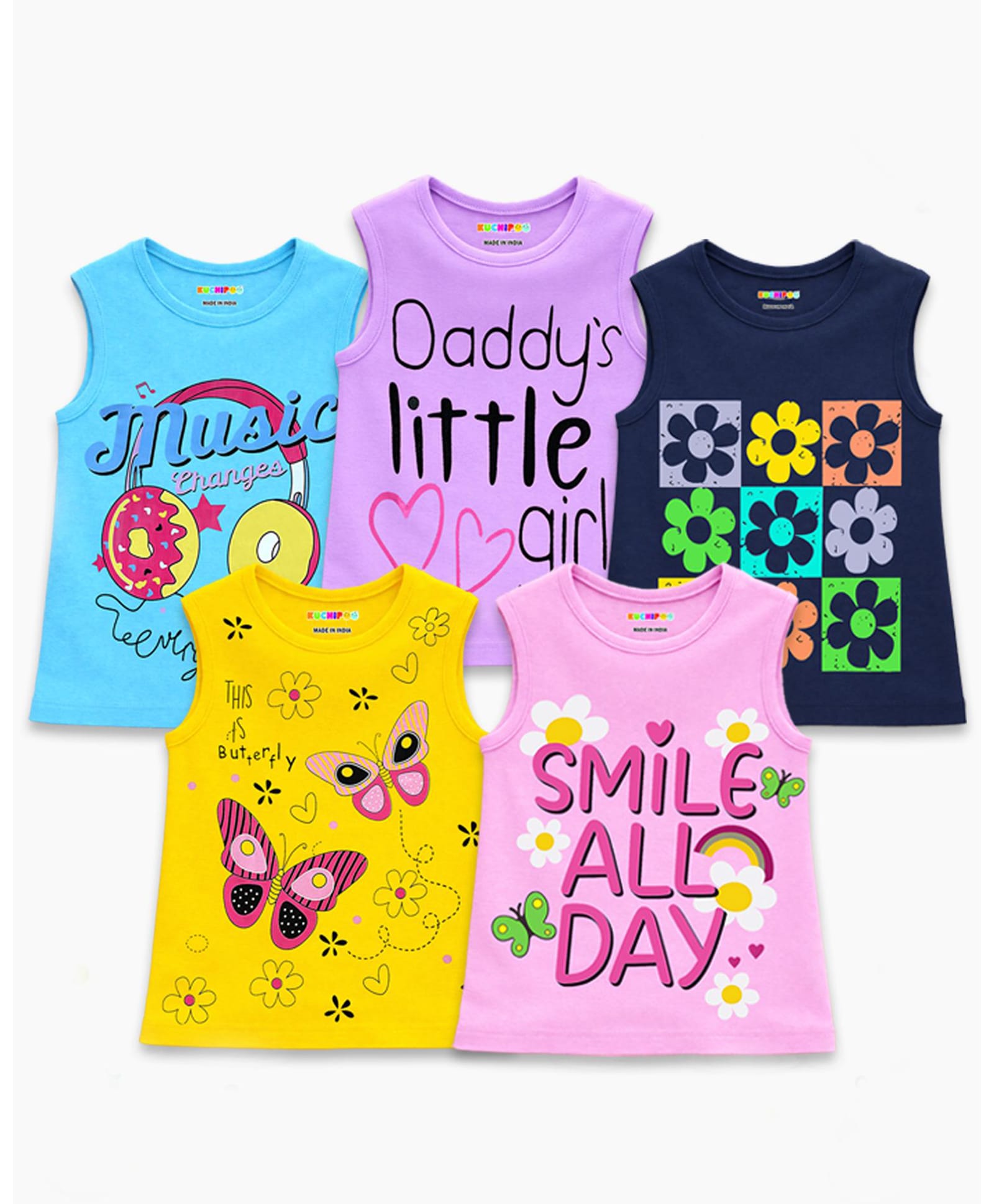 KUCHIPOO Cotton Pack Of 5 Sleeveless Floral & Butterfly Printed Tees - Multi Colour-image-33