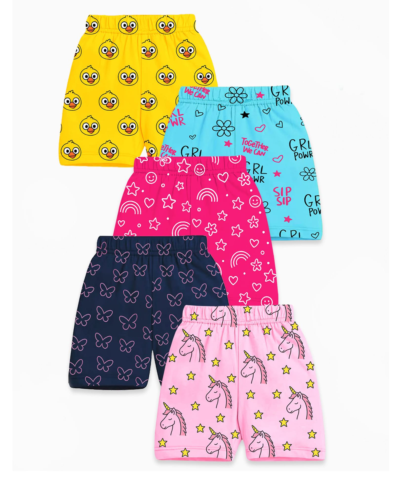 KUCHIPOO Cotton Blend Knit Pack Of 5 Unicorn Animal & Floral Printed Shorts - Multi Colour-picture-17