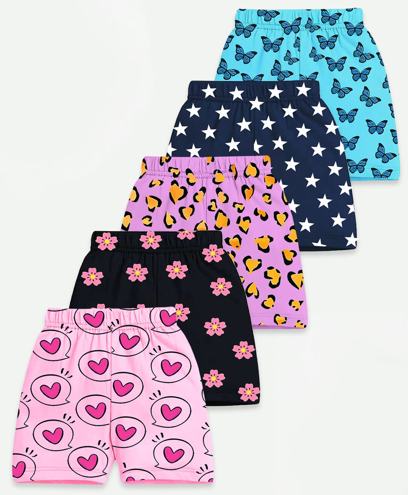 KUCHIPOO Cotton Blend Knit Pack Of 5 Floral Hearts & Stars Printed Shorts - Multi Colour-picture-13