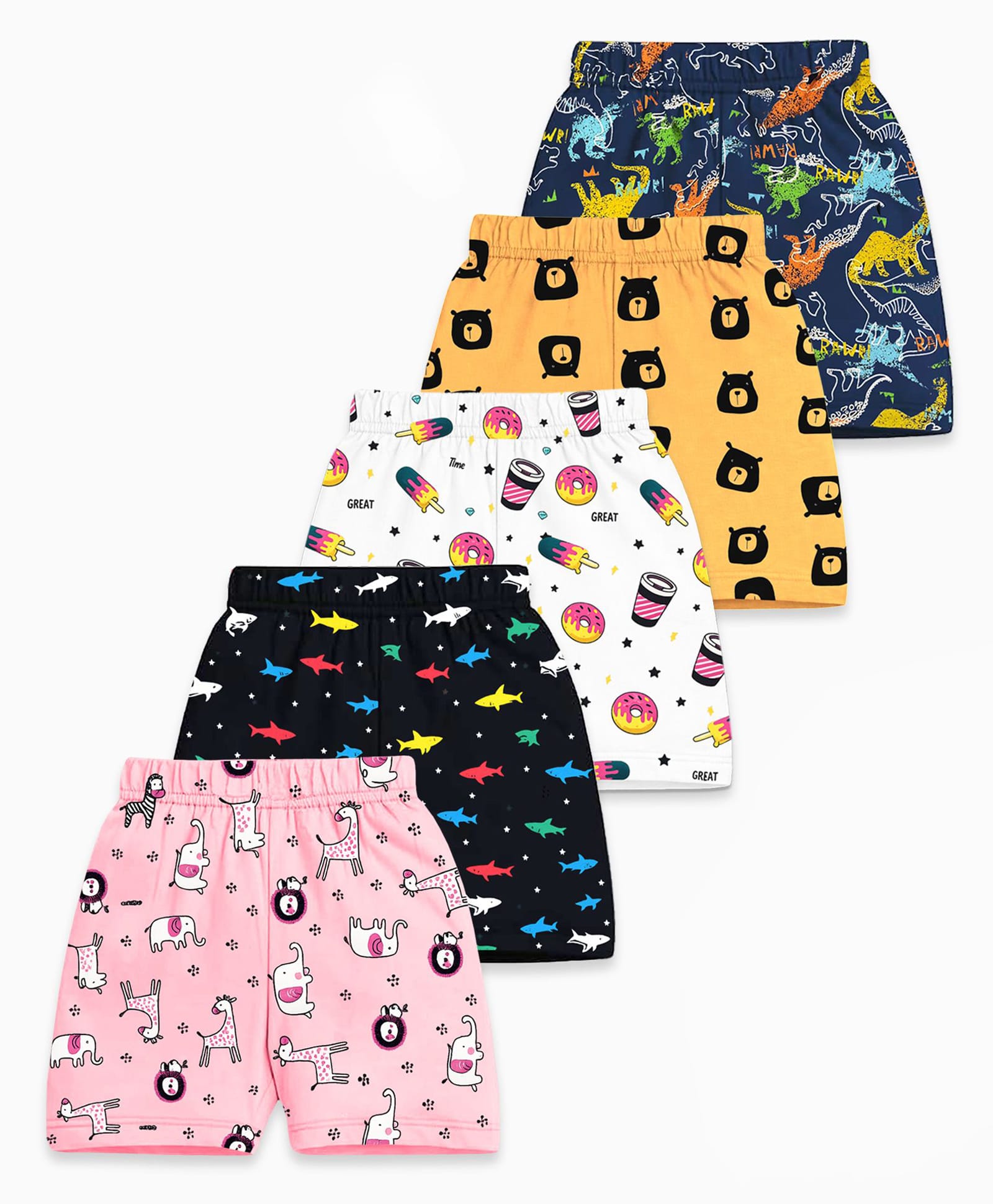 KUCHIPOO Cotton Blend Knit Pack Of 5 Animal & Donuts Printed Shorts - Multi Colour-picture-24