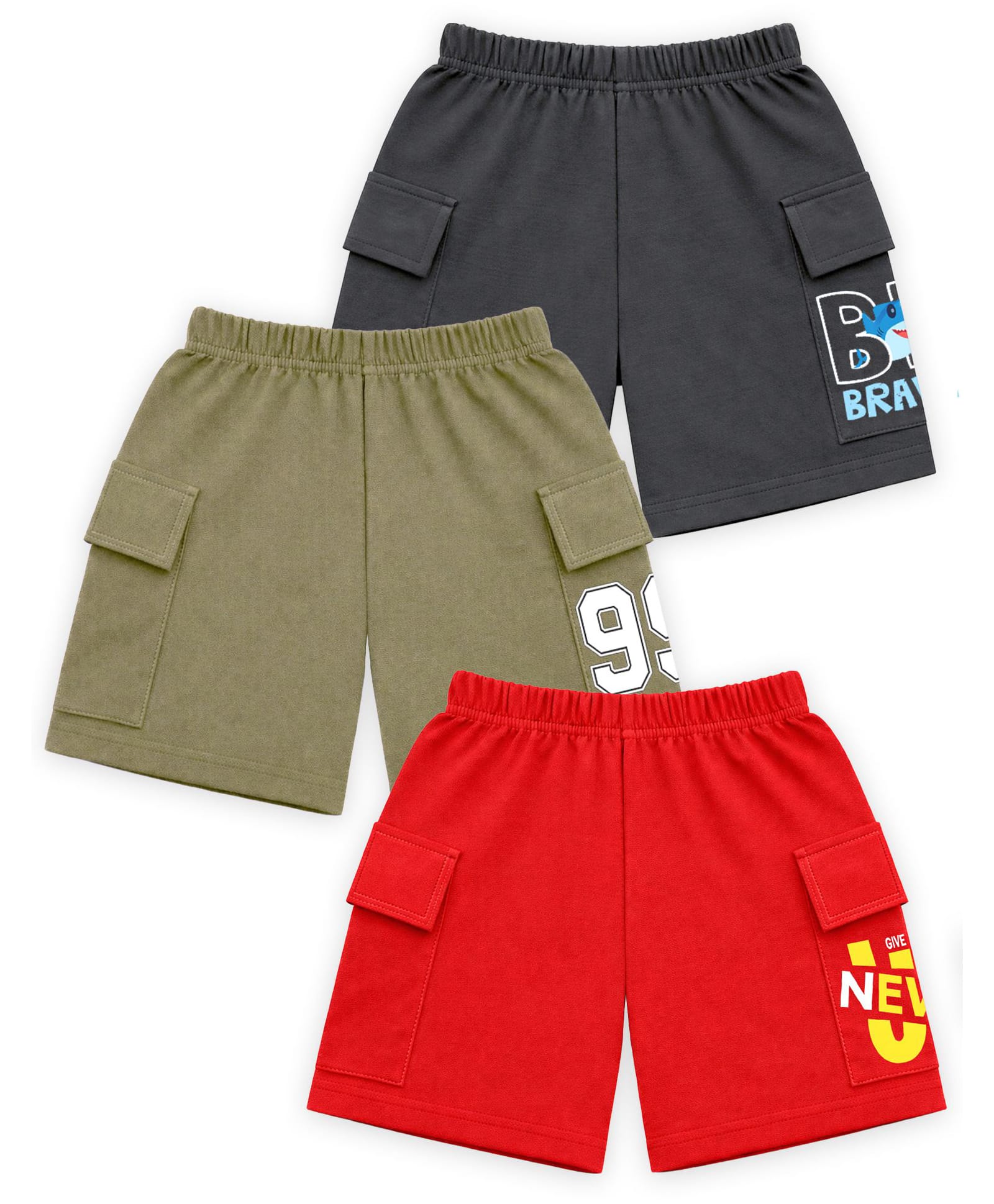 KUCHIPOO Cotton Blend Knit Pack Of 3 Numerical & Never Text Printed Shorts - Multi Colour-picture-13