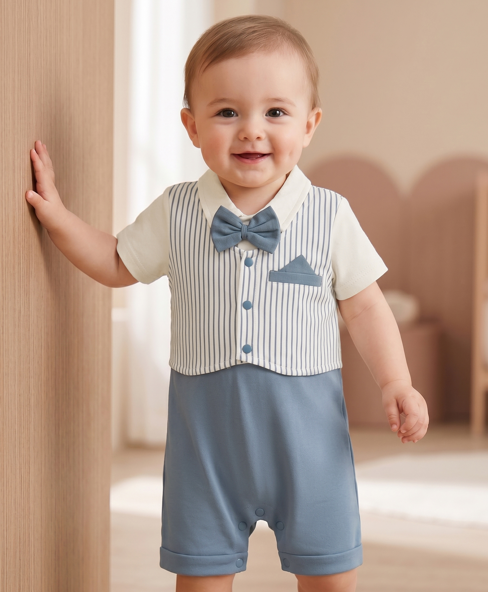 Babyoye 100% Cotton Knit Half Sleeves Striped Romper With Bow Applique - Cream & Grey-image-46