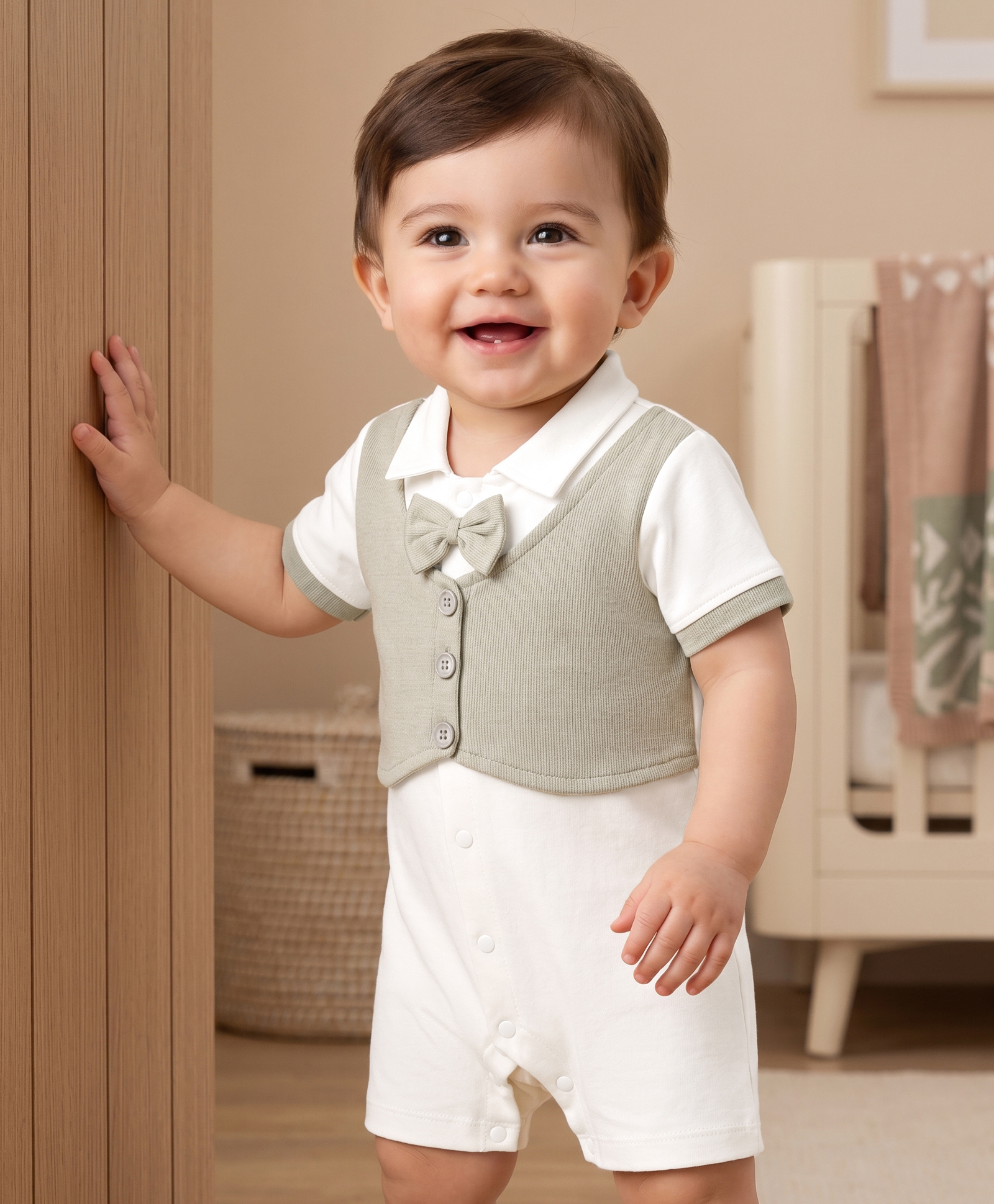 Babyoye 100% Cotton Interlock Knit Half Sleeves Romper With Bow Applique - Cream-image-44