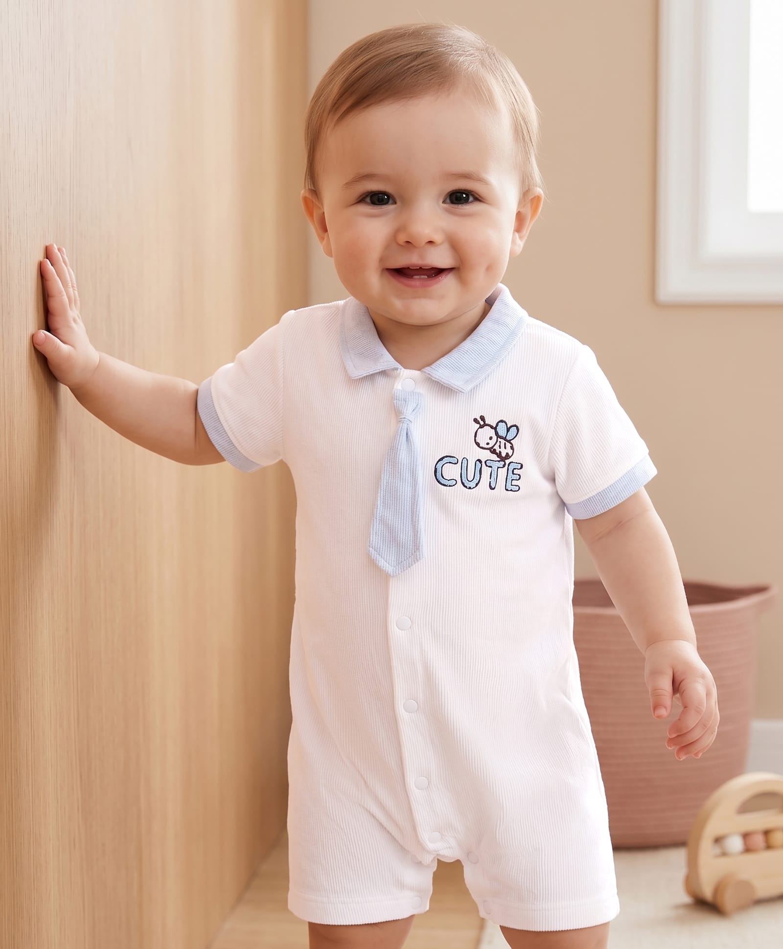Babyoye 100% Cotton Knit Half Sleeves Bee Printed Romper With Tie Applique - Cream-image-32