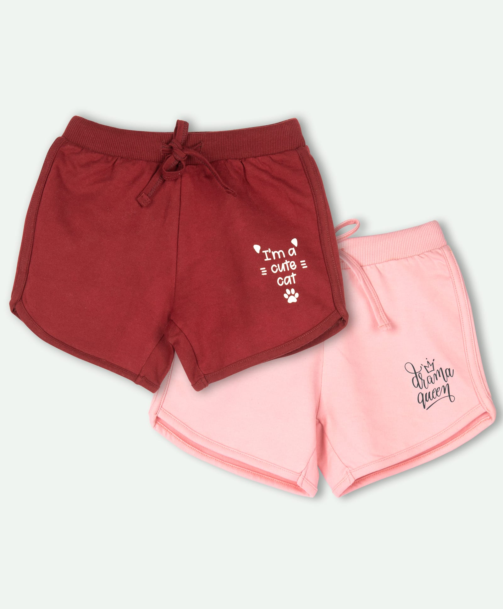Ariel Cotton Knit Pack Of 2 I M A Cute Cat & Drama Queen Text Printed Shorts - Maroon & Pink-picture-14
