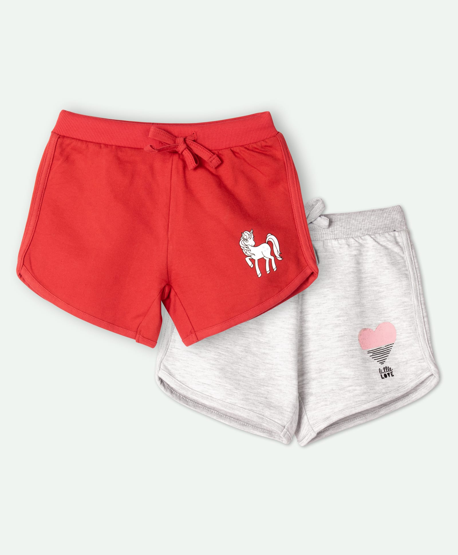 Ariel Cotton Knit Pack Of 2 Unicorn & Heart Printed Shorts - Red & Grey-picture-19