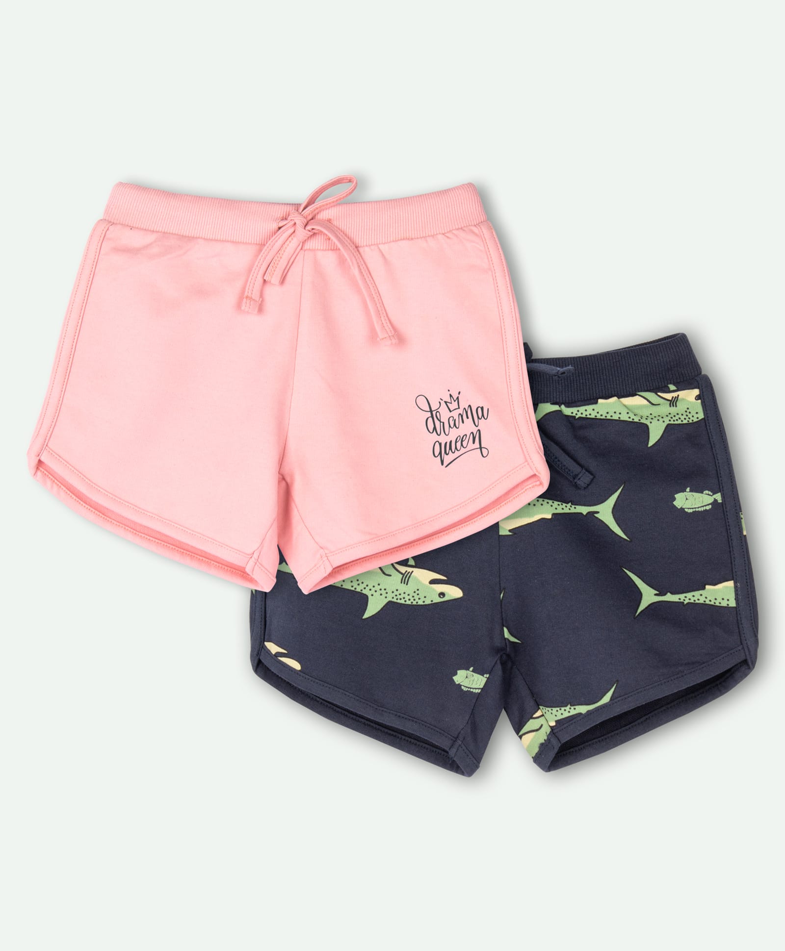 Ariel Cotton Knit Pack Of 2 Shark & Drama Queen Text Printed Shorts - Pink & Navy Blue-picture-23